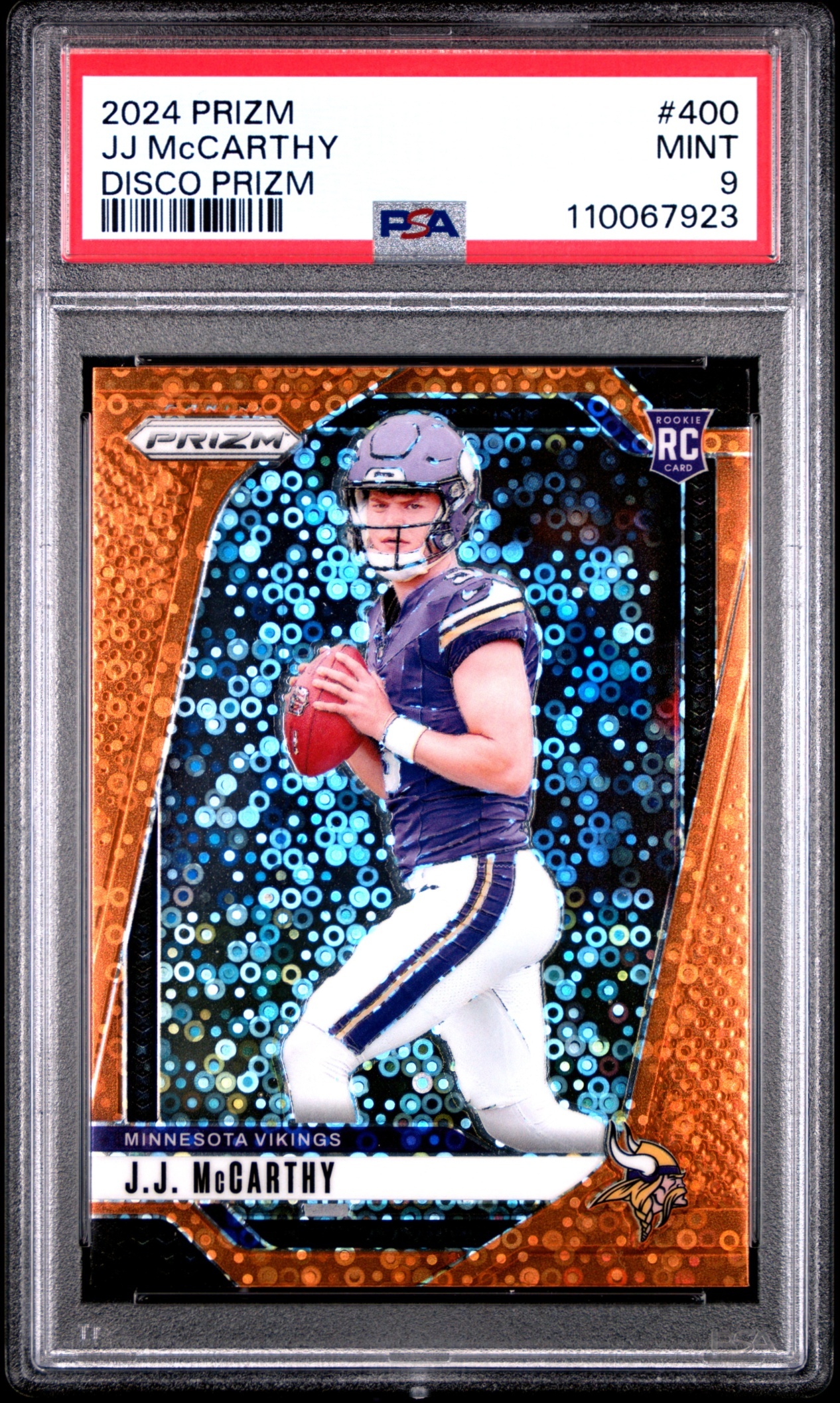 Card image for 2024 Panini Football Prizm J.J. McCarthy Orange Disco #400 RC Minnesota Vikings