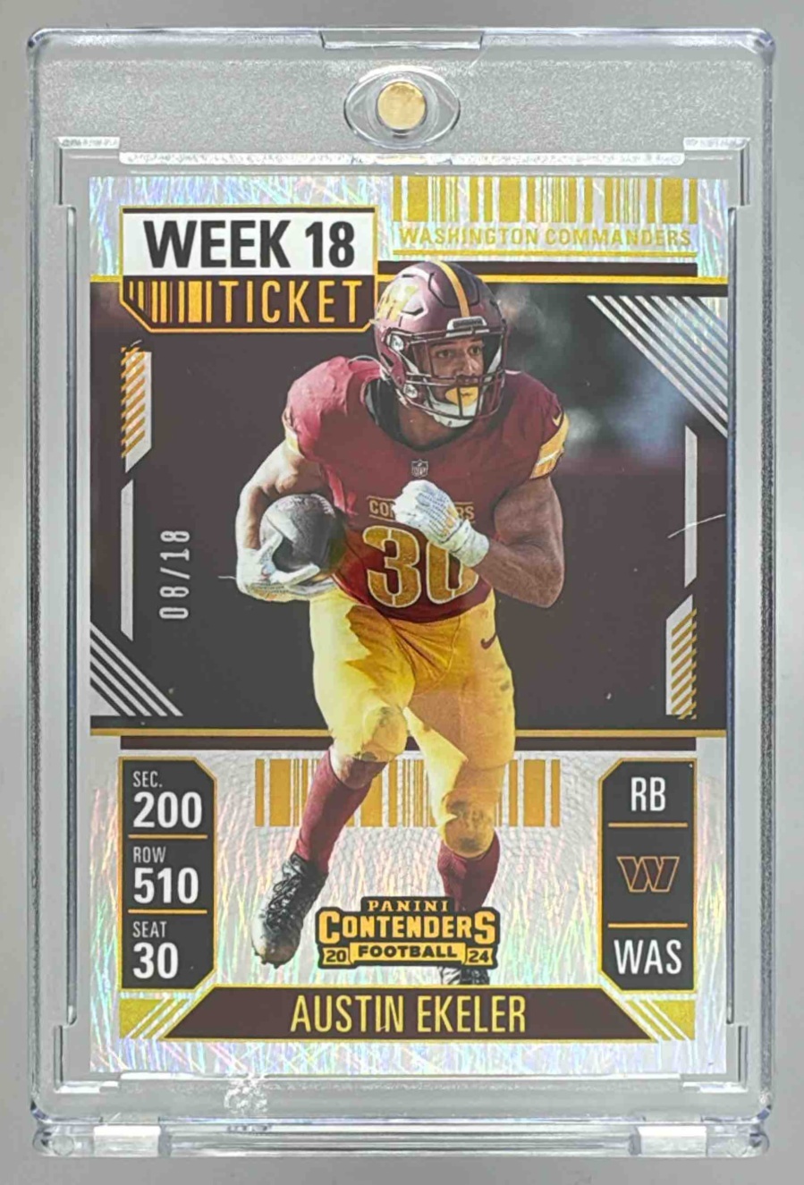 Card image for 2024 Panini Contenders Austin Ekeler Week 18 Ticket /18 #98 Commanders