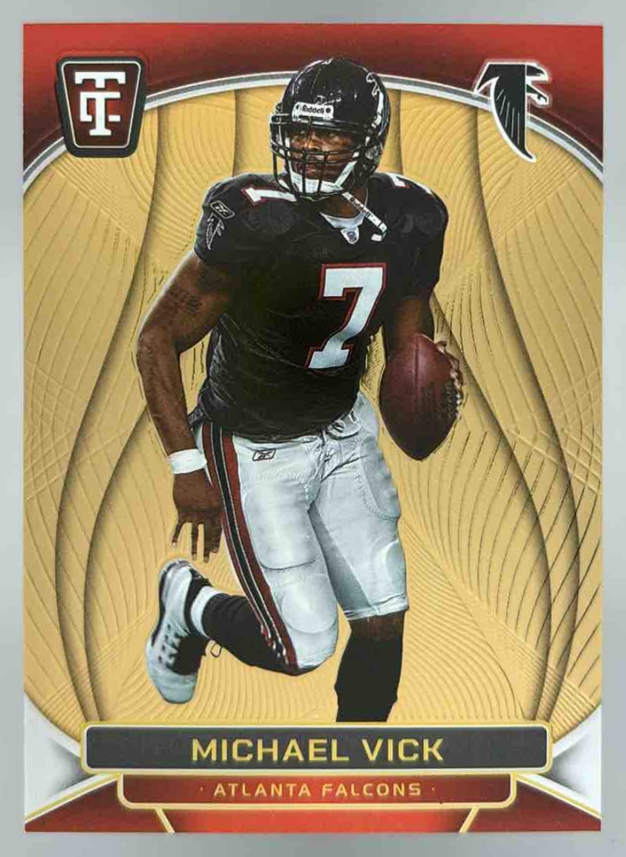 Card image for 2024 Panini Totally Certified Michael Vick Legends Mirror Neon Orange /399 #182 Falcons