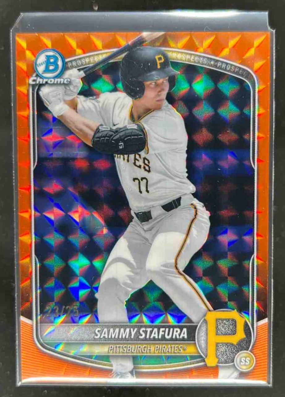 Card image for Sammy Stafura 2025 Bowman Draft Chrome Orange Geometric Refractor /25
