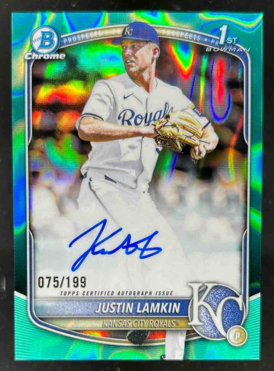Card image for Justin Lamkin 2025 Bowman Draft Chrome Prospect Auto Aqua Lava Refractor /199