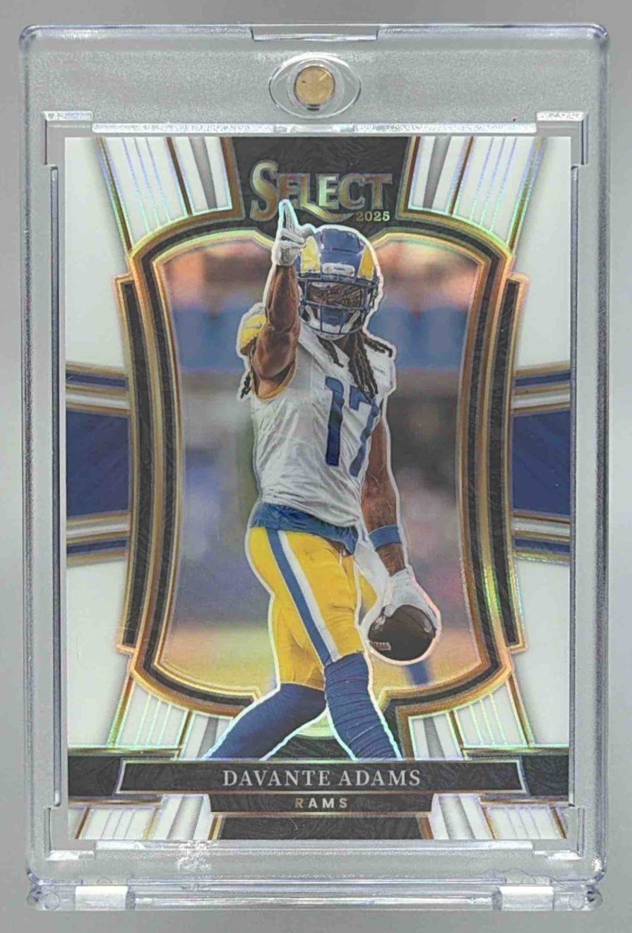 Card image for 2025 Panini Select Davante Adams Premier Level Blue and Orange Prizm Shock /35 #120 Rams