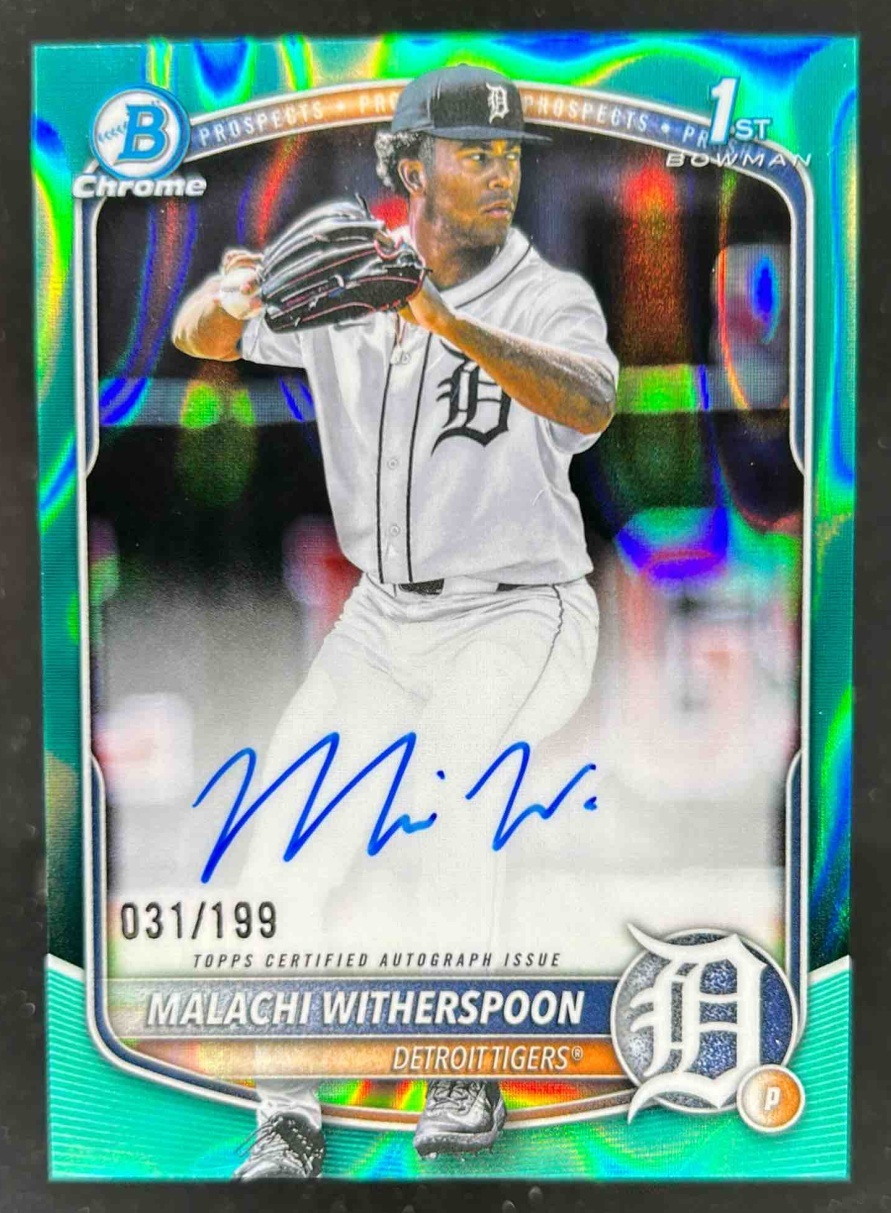 Card image for Malachi Witherspoon 2025 Bowman Draft Chrome Prospect Auto Aqua Lava Refractor /199