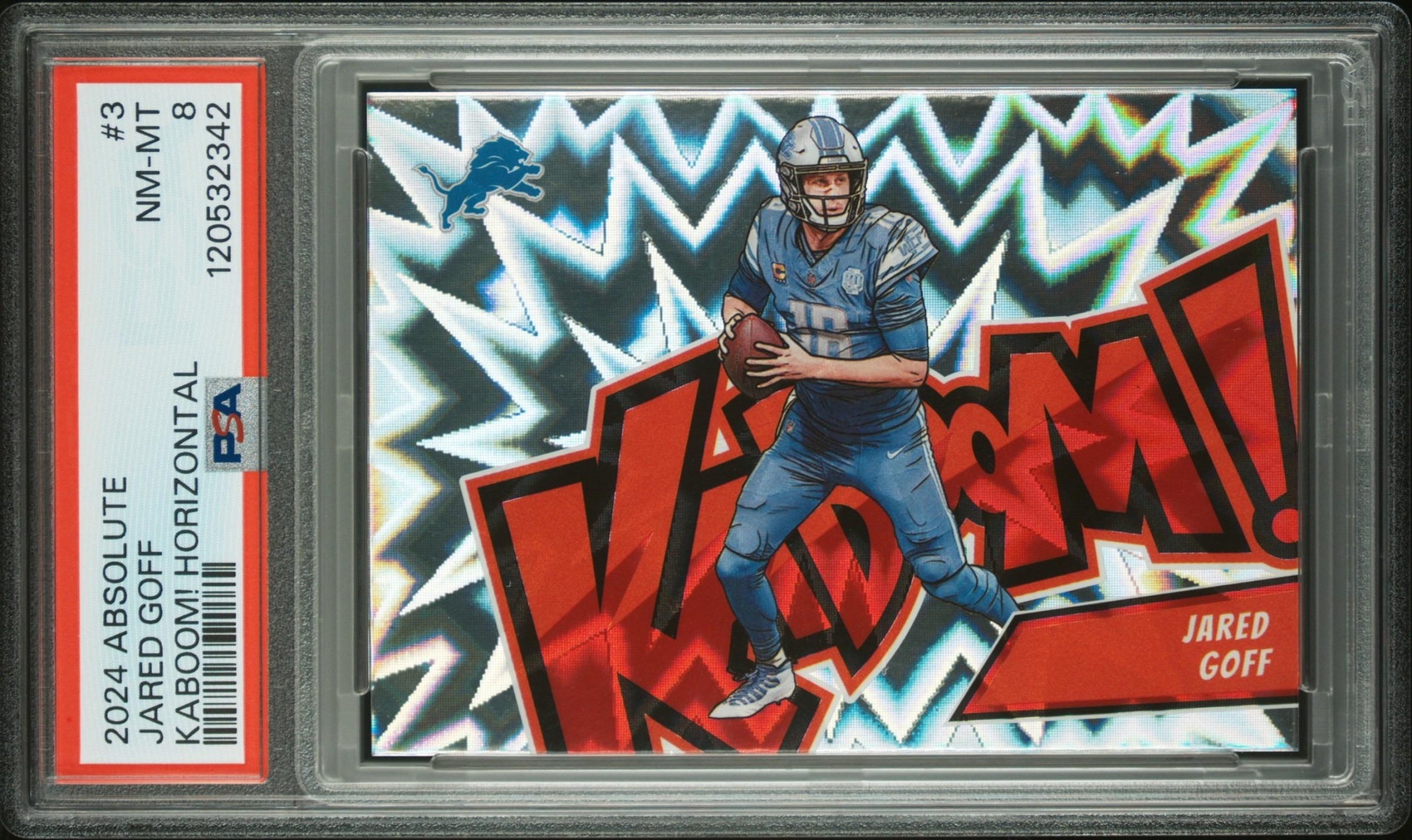 Card image for 2024 Panini Football Absolute Jared Goff Kaboom Horizontal #3 SSP Detroit Lions