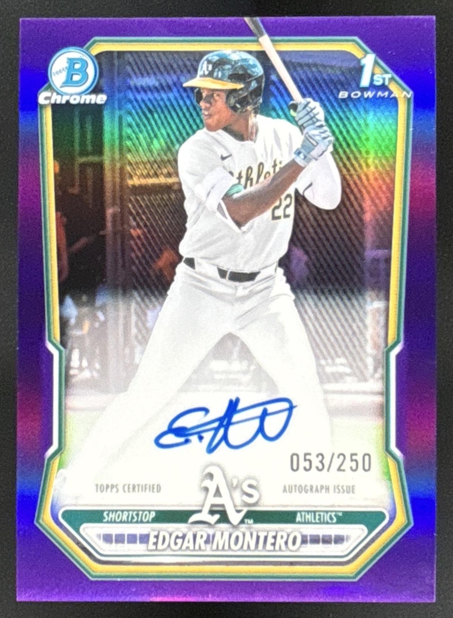 Card image for Edgar Montero 2026 Bowman Purple Refractor /250 Chrome Prospect Auto Athletics
