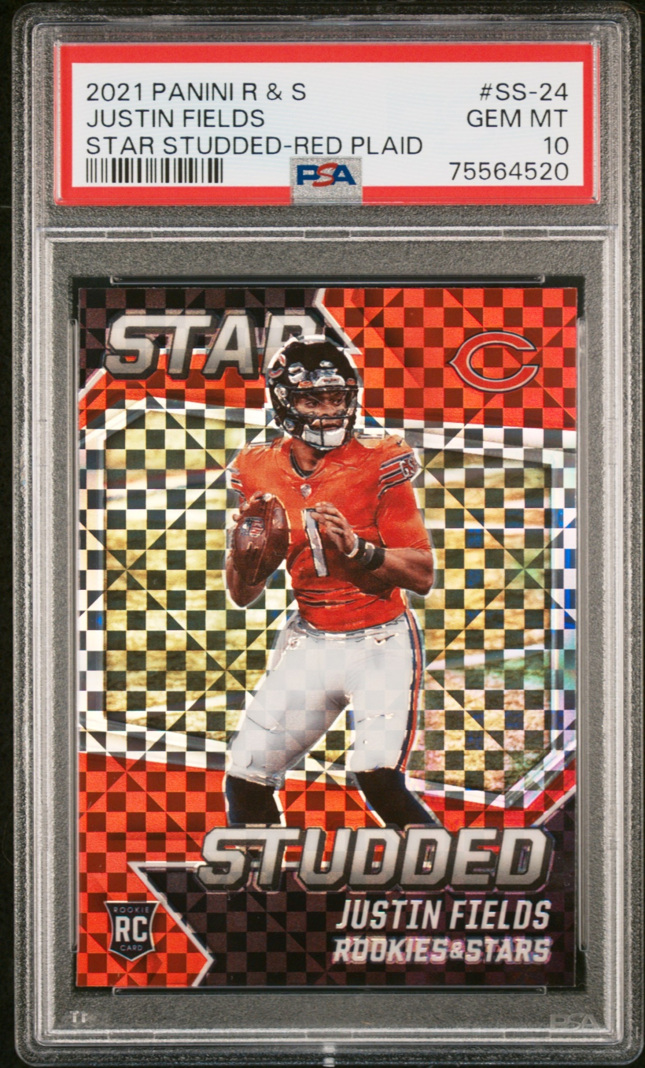 Card image for 2021 Panini Rookies & Stars Justin Fields Star Studded Red Plaid #SS-24 RC Bears