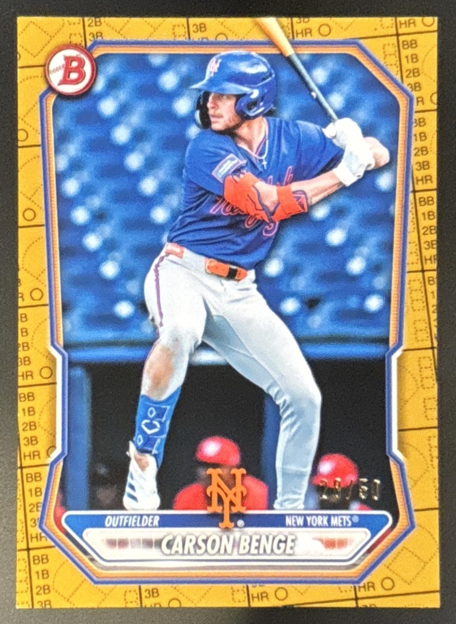 Card image for Carson Benge 2026 Bowman Gold Pattern /50 Prospects New York Mets