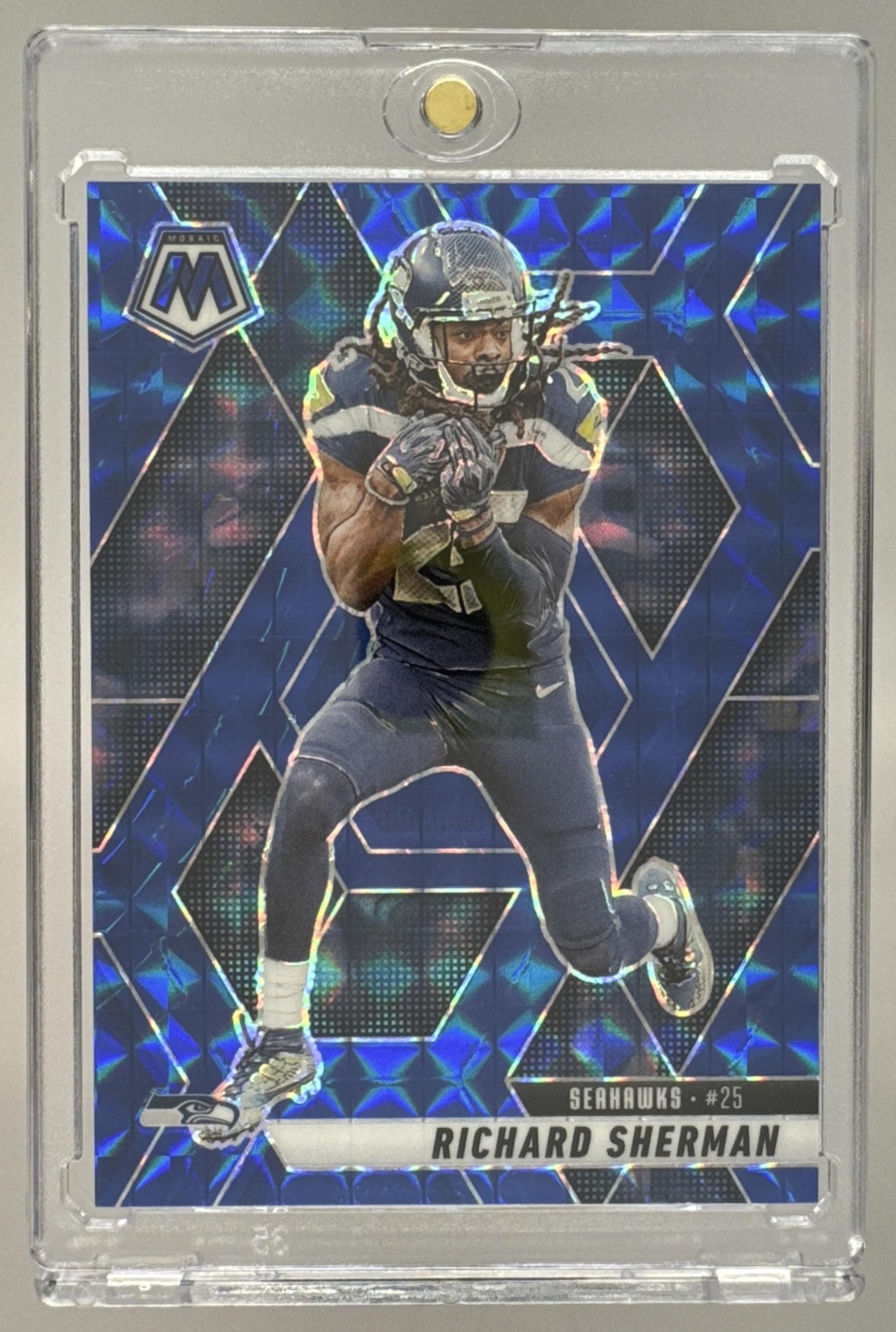 Card image for 2025 Panini Football Mosaic Richard Sherman Blue Prizm /99 #222 Seattle Seahawks