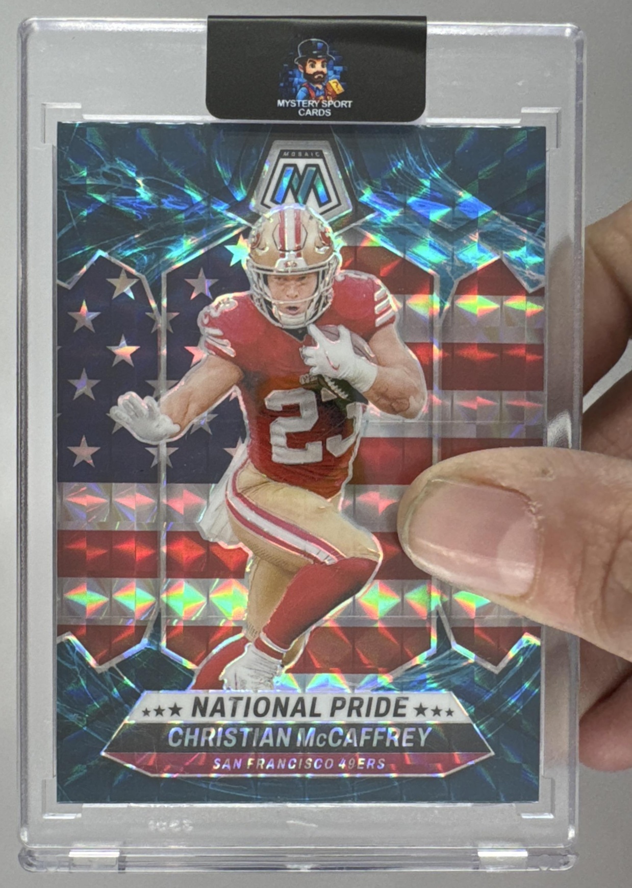 Card image for 2024 Panini Mosaic Christian McCaffrey #256 National Pride 49ers