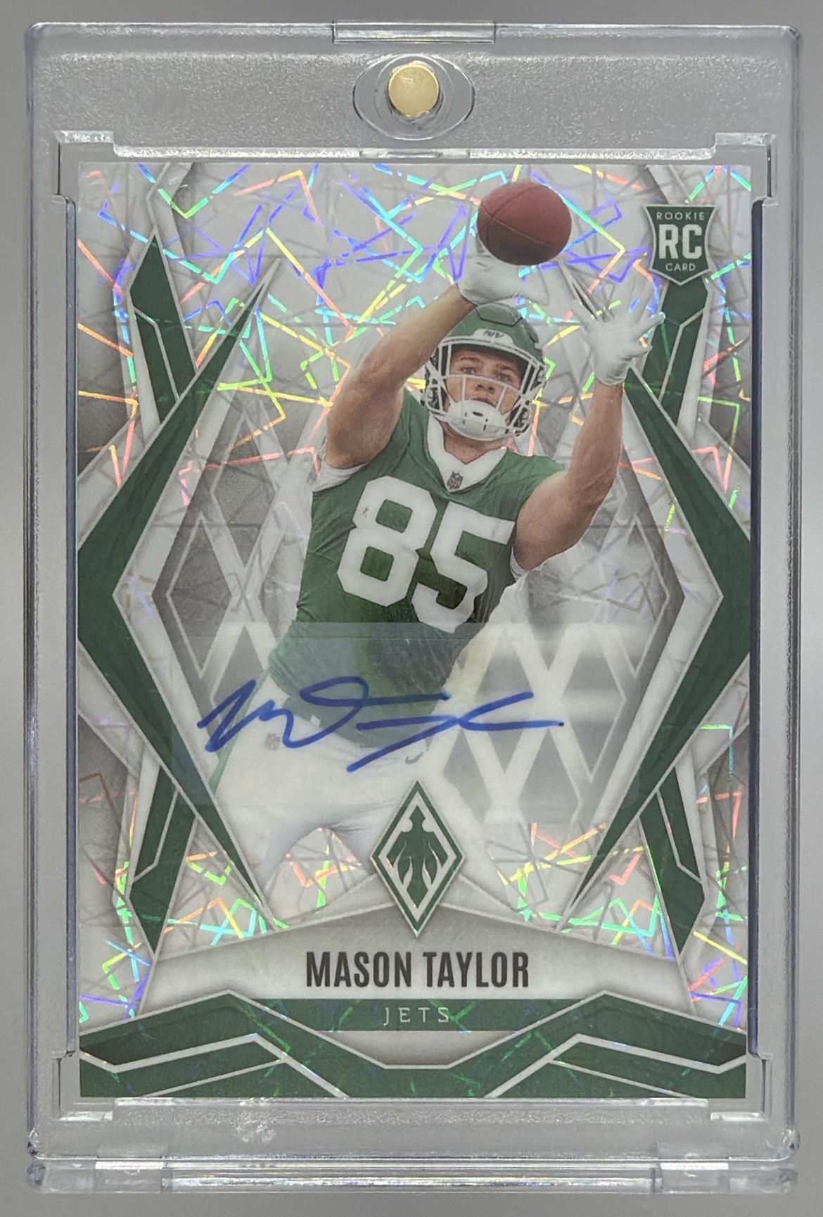 Card image for 2025 Panini Phoenix Mason Taylor Rookies Auto Silver Pandora Prizm #172 RC Jets