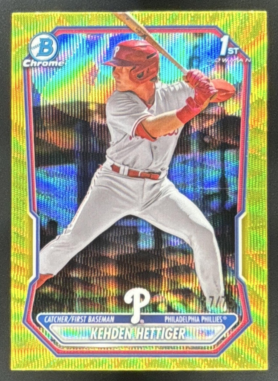Card image for 2026 Bowman Kehden Hettiger Chrome Yellow Wave Refractor /75 1st Prospect