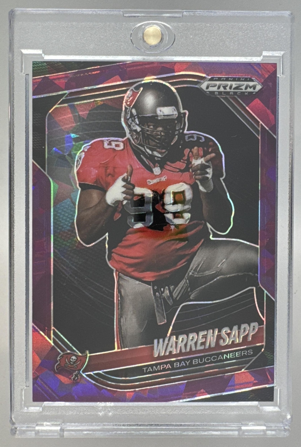 Card image for 2025 Panini Prizm Black Warren Sapp Purple Ice /149 #144 Buccaneers