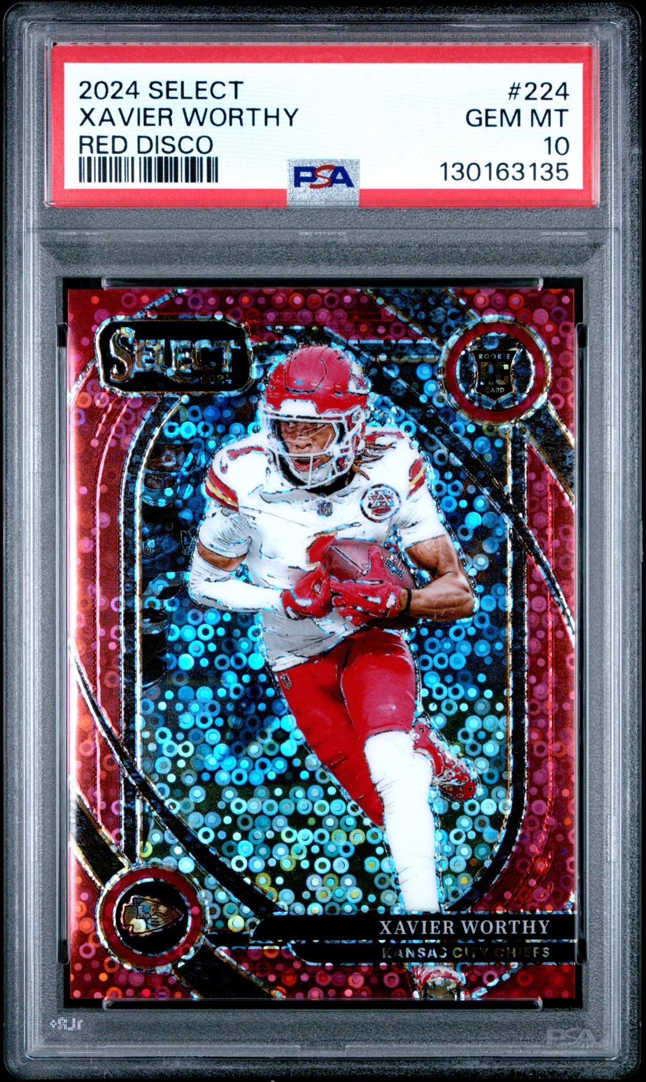 Card image for 2024 Panini Select Xavier Worthy Club Red Disco Prizm /49 #224 RC Chiefs