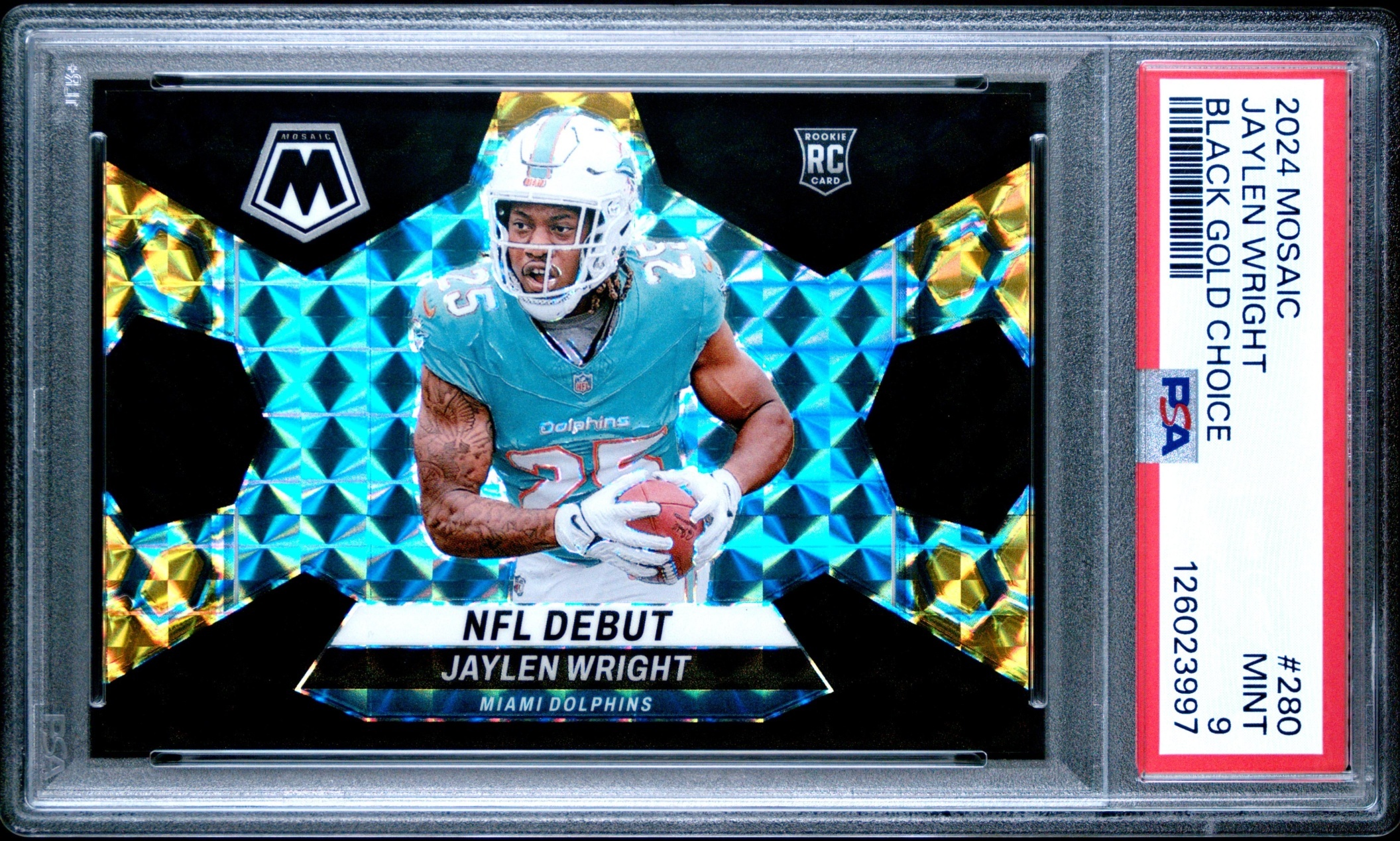 Card image for 2024 Panini Mosaic Jaylen Wright Choice Black Gold Prizm /8 #280 RC NFL Debut Dolphins
