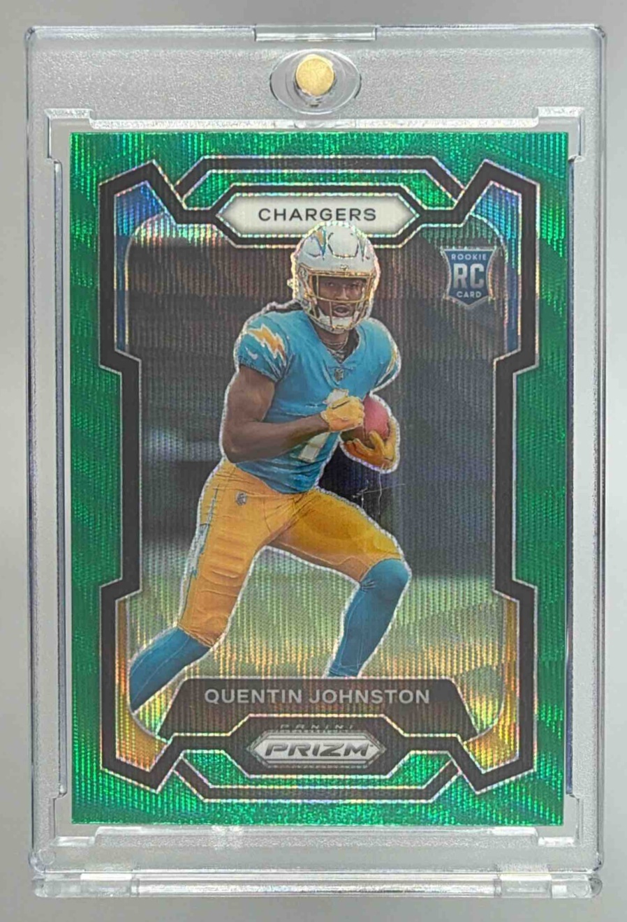 Card image for 2023 Panini Prizm Quentin Johnston Green Wave #353 RC Chargers