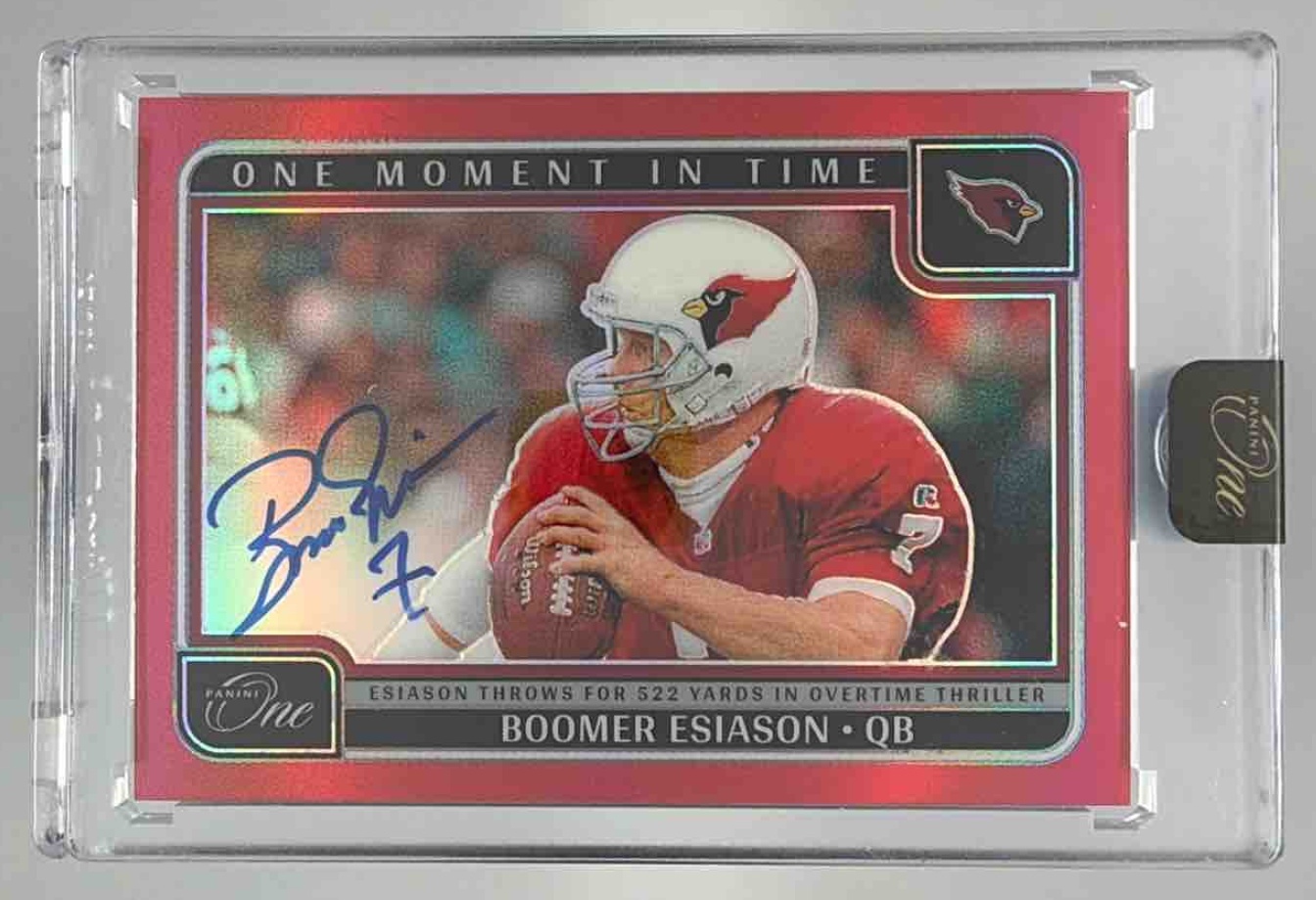 Card image for 2024 Panini One Boomer Esiason Moment in Time Auto Red /60 #391 Cardinals
