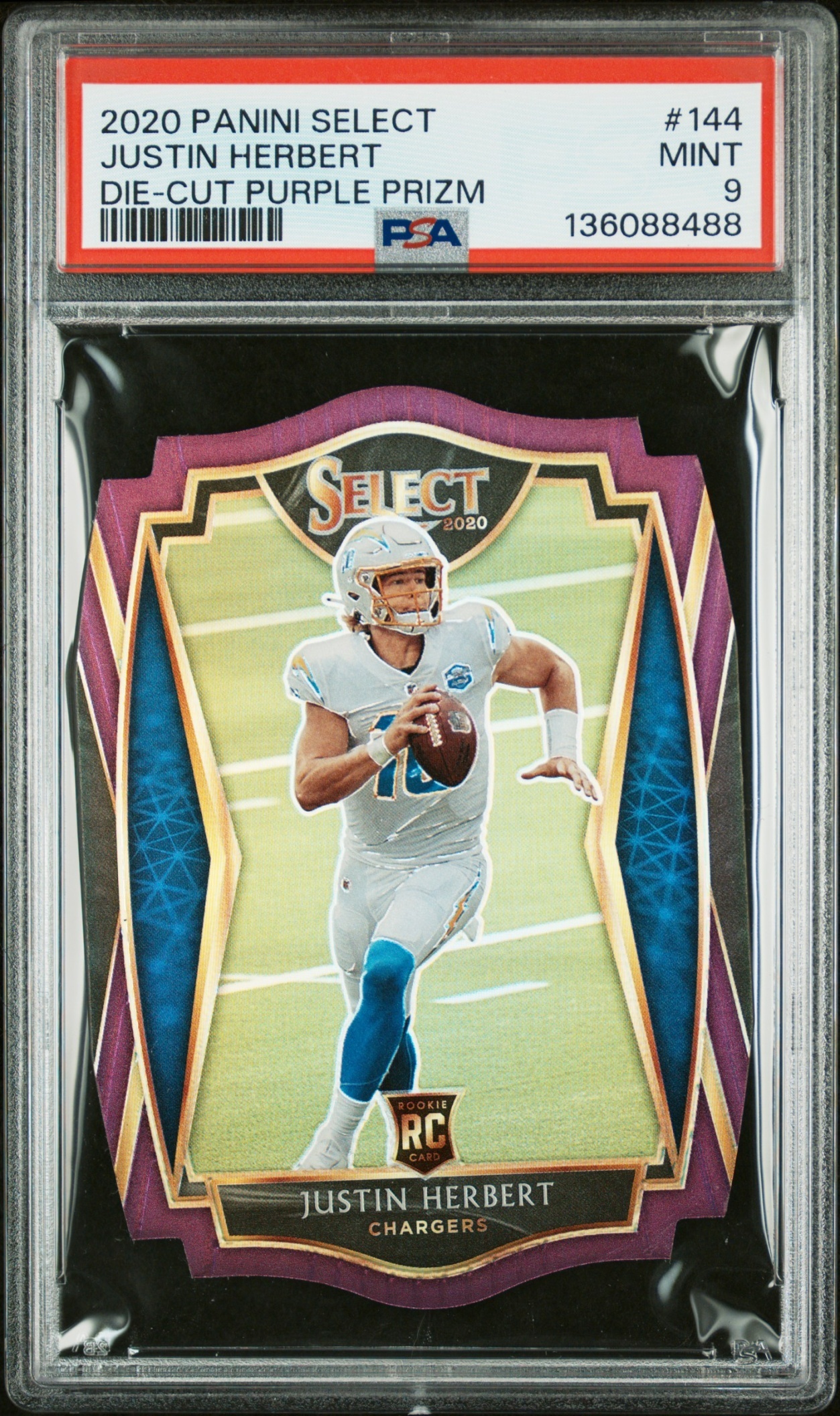 Card image for 2020 Panini Select Justin Herbert Purple Prizm /75 #144 RC Premier Level Chargers