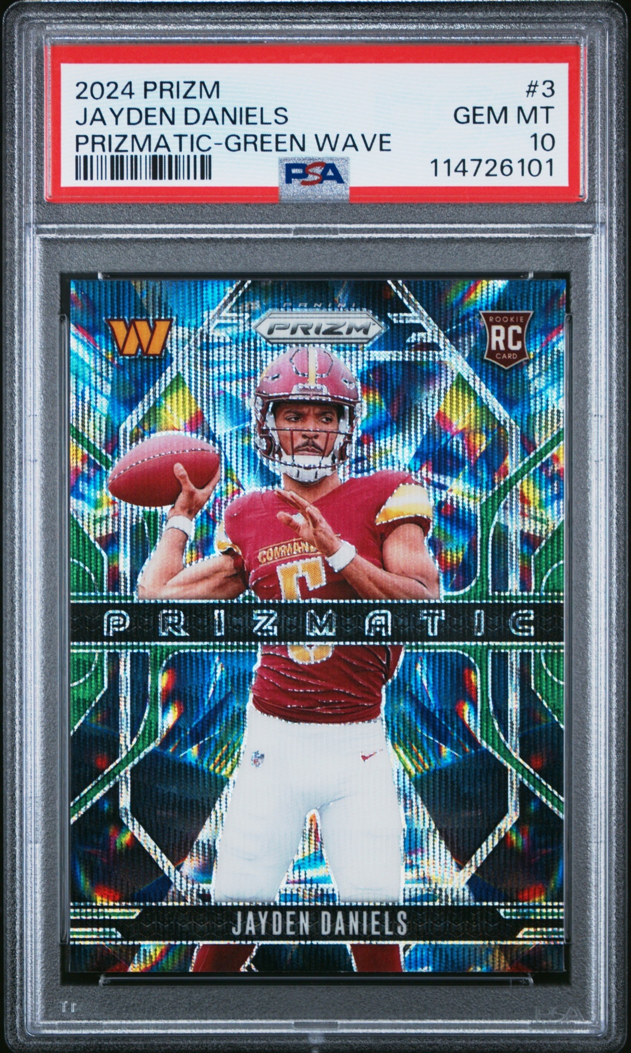 Card image for 2024 Panini Prizm Jayden Daniels Prizmatic Green Wave #3 RC Commanders