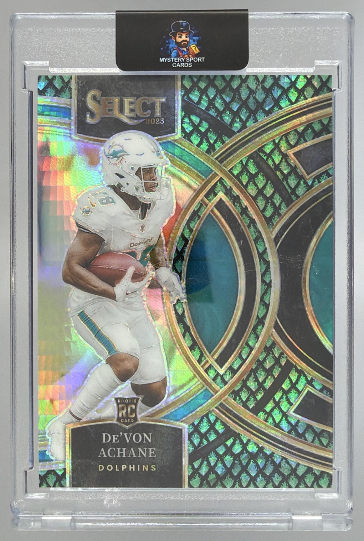 Card image for 2023 Panini Select De'Von Achane Dragon Scale Prizms /70 #176 RC Premier Level Dolphins