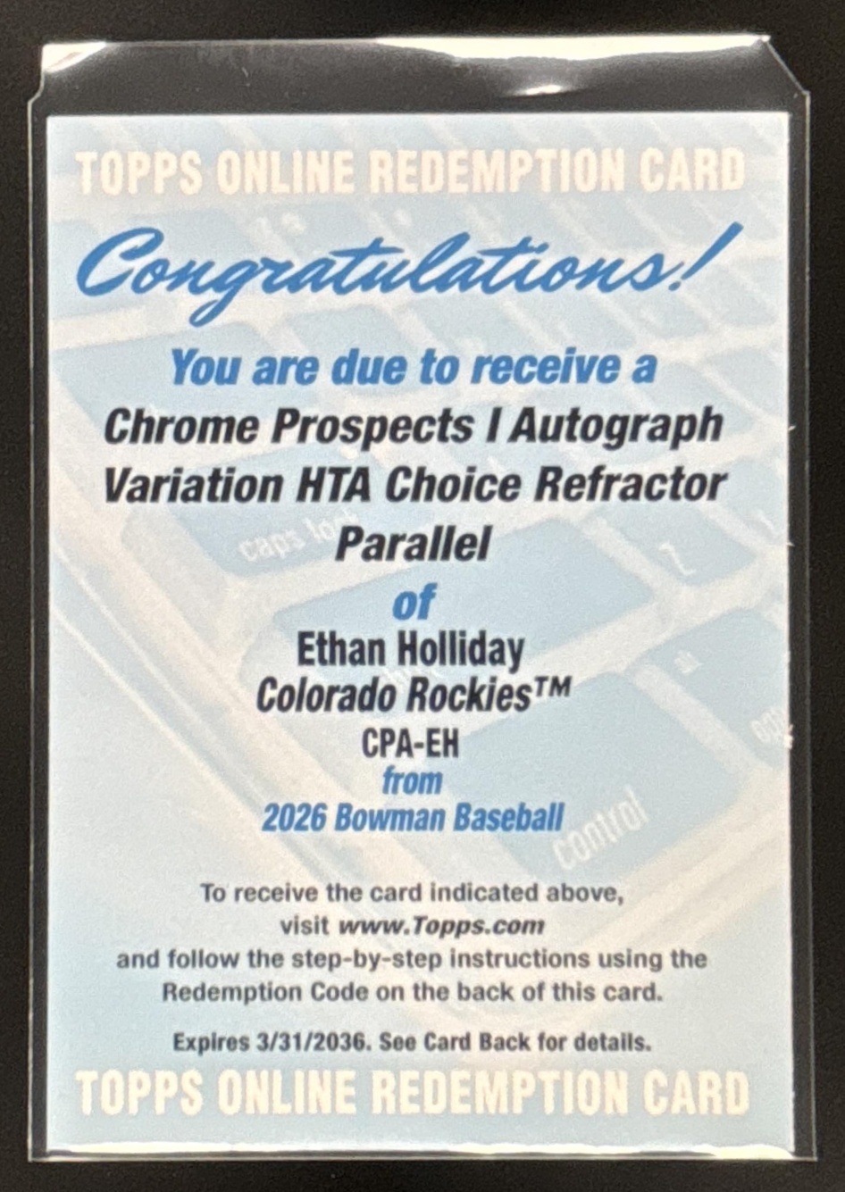 Card image for 2026 Bowman Ethan Holliday Chrome Auto HTA Choice Refractor /150 1st Prospect