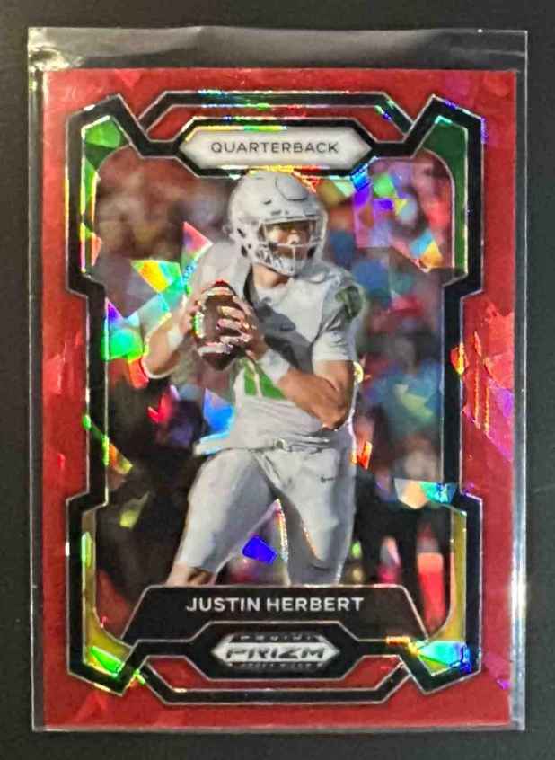 Card image for 2024 Panini Prizm Collegiate Draft Picks Justin Herbert #69 Red Ice Ducks
