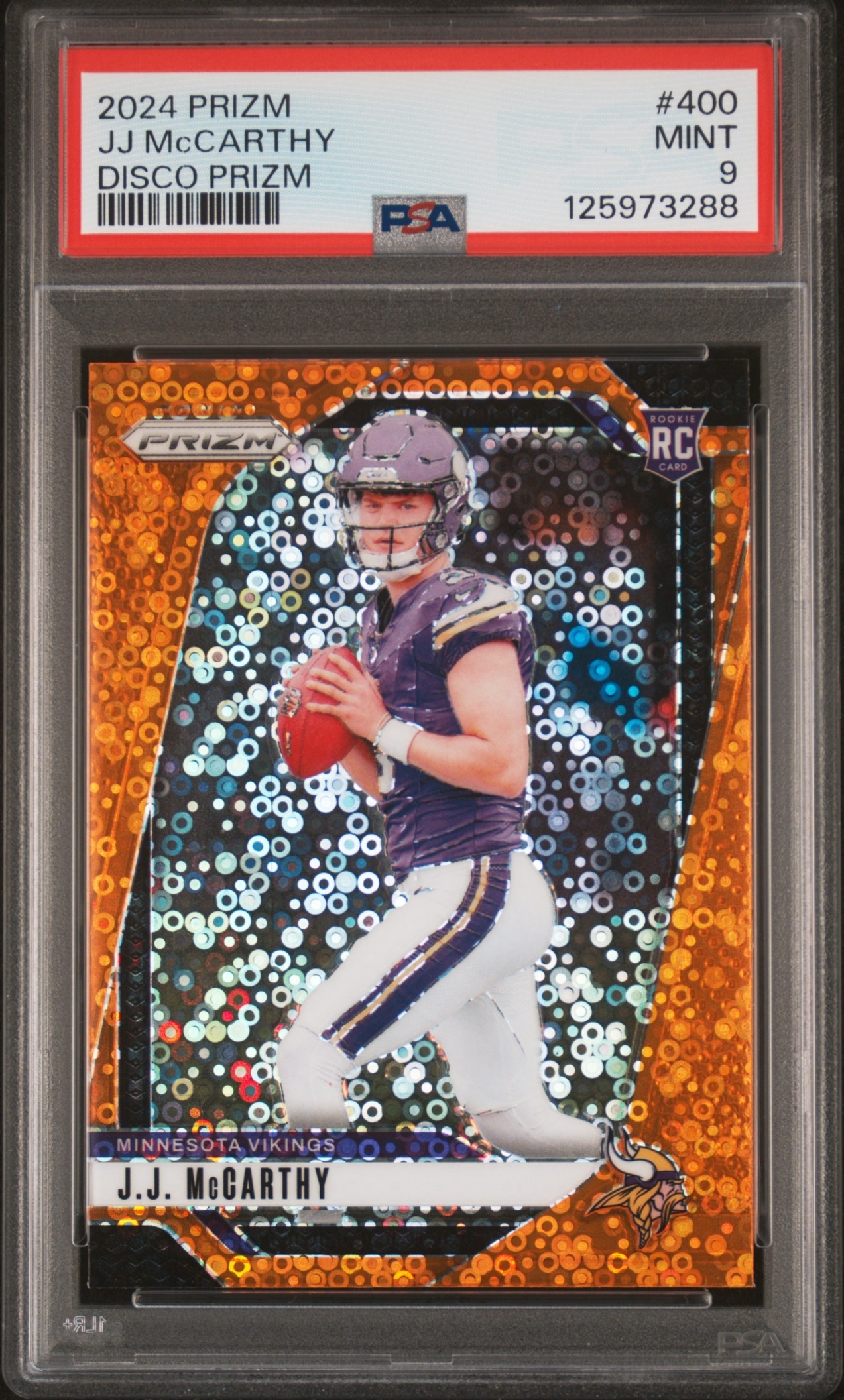 Card image for 2024 Panini Football Prizm J.J. McCarthy Orange Disco #400 RC Minnesota Vikings