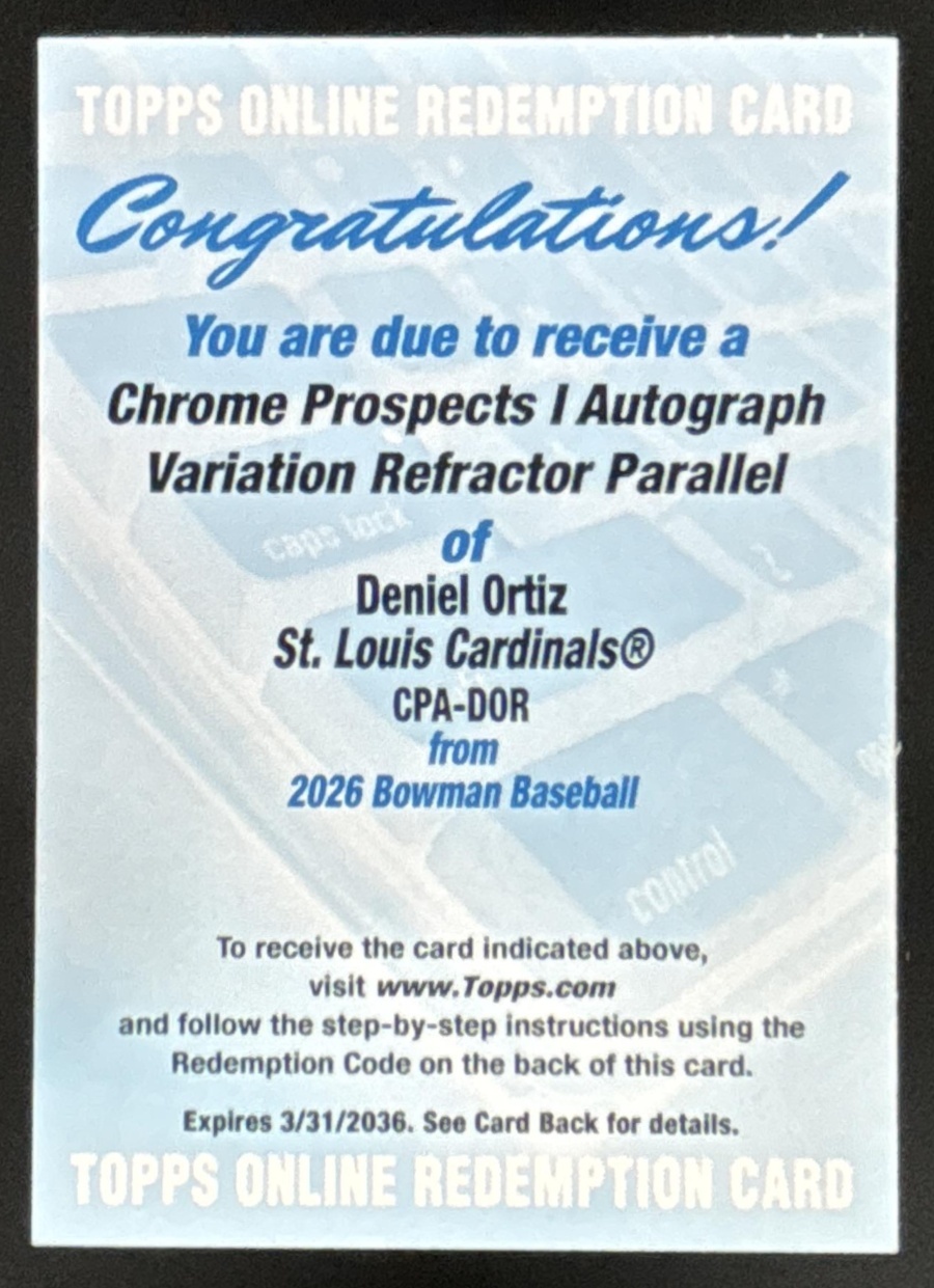 Card image for Deniel Ortiz 2026 Bowman Refractor /499 Chrome Prospect Auto St. Louis Cardinals