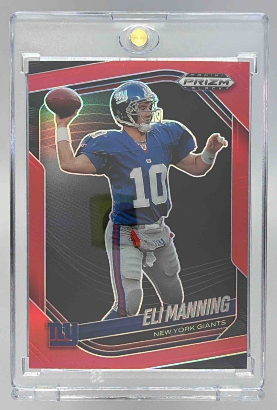 Card image for 2025 Panini Football Prizm Black Eli Manning Red /299 #102 New York Giants