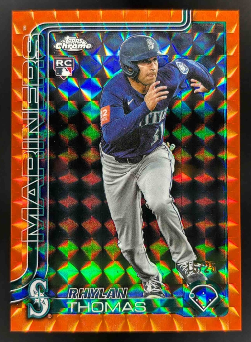 Card image for 2025 Topps Chrome Update Rhylan Thomas Orange Geometric Refractor /25 RC