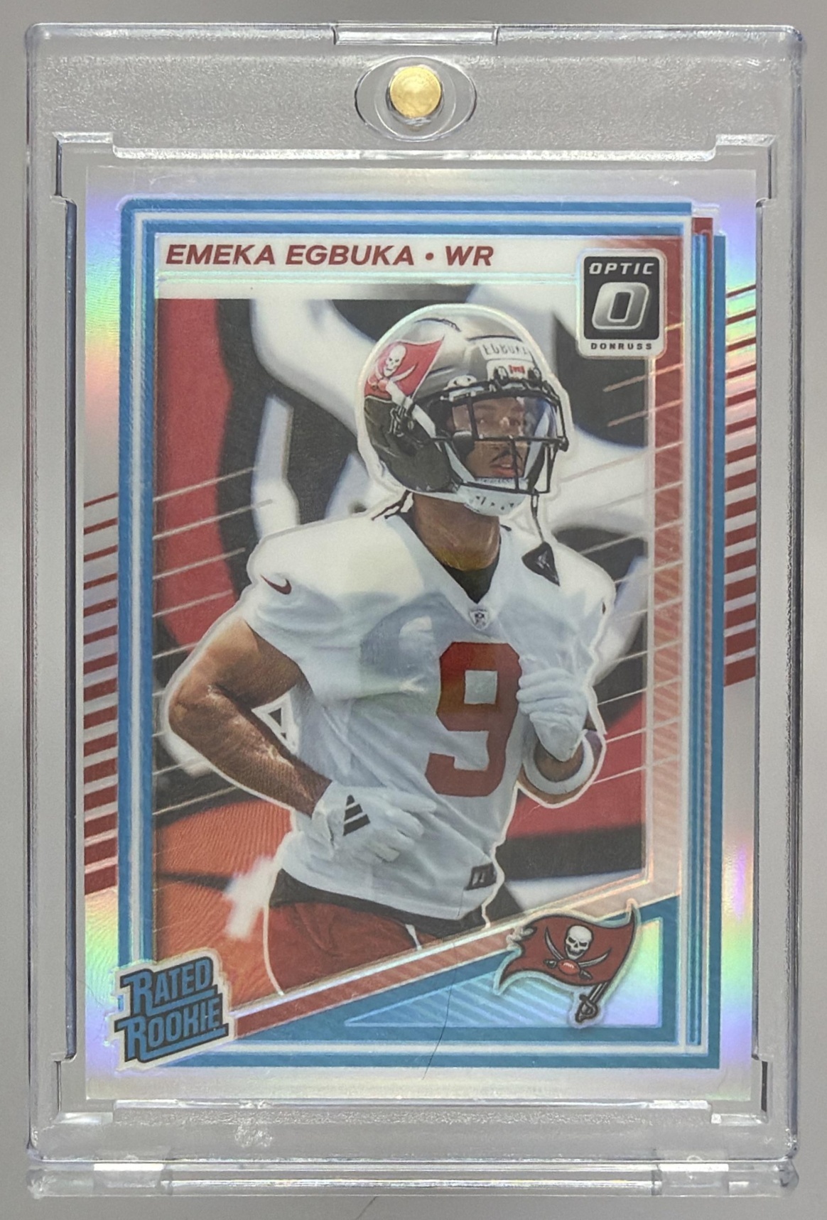 Card image for 2025 Panini Donruss Optic Emeka Egbuka Rated Rookie Purple Shock Prizm #265 Buccaneers
