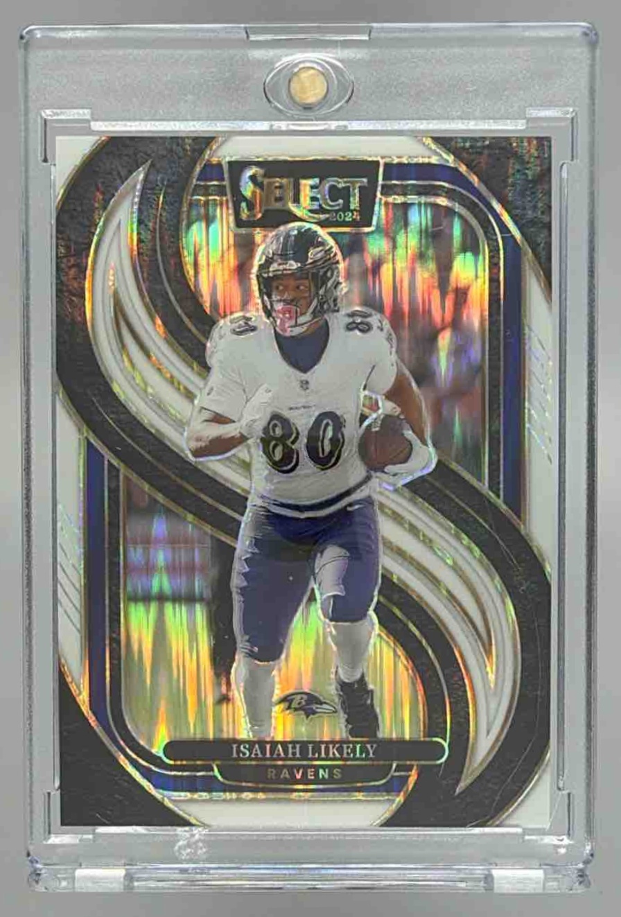 Card image for 2024 Panini Select Isaiah Likely Premier White Prizm Shock /199 #161 Ravens