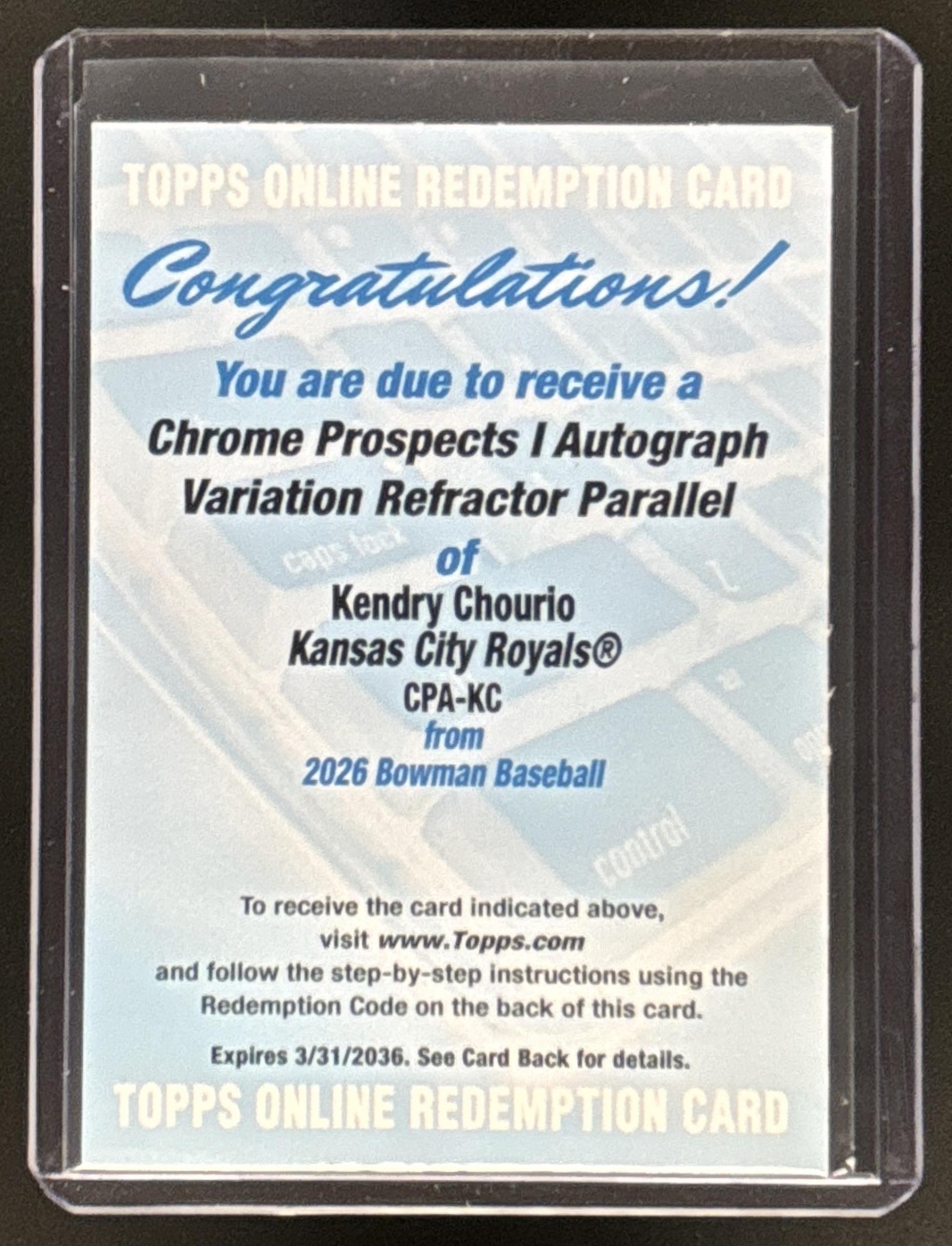 Card image for 2026 Bowman Kendry Chourio Chrome Auto Refractor /499 1st Prospect