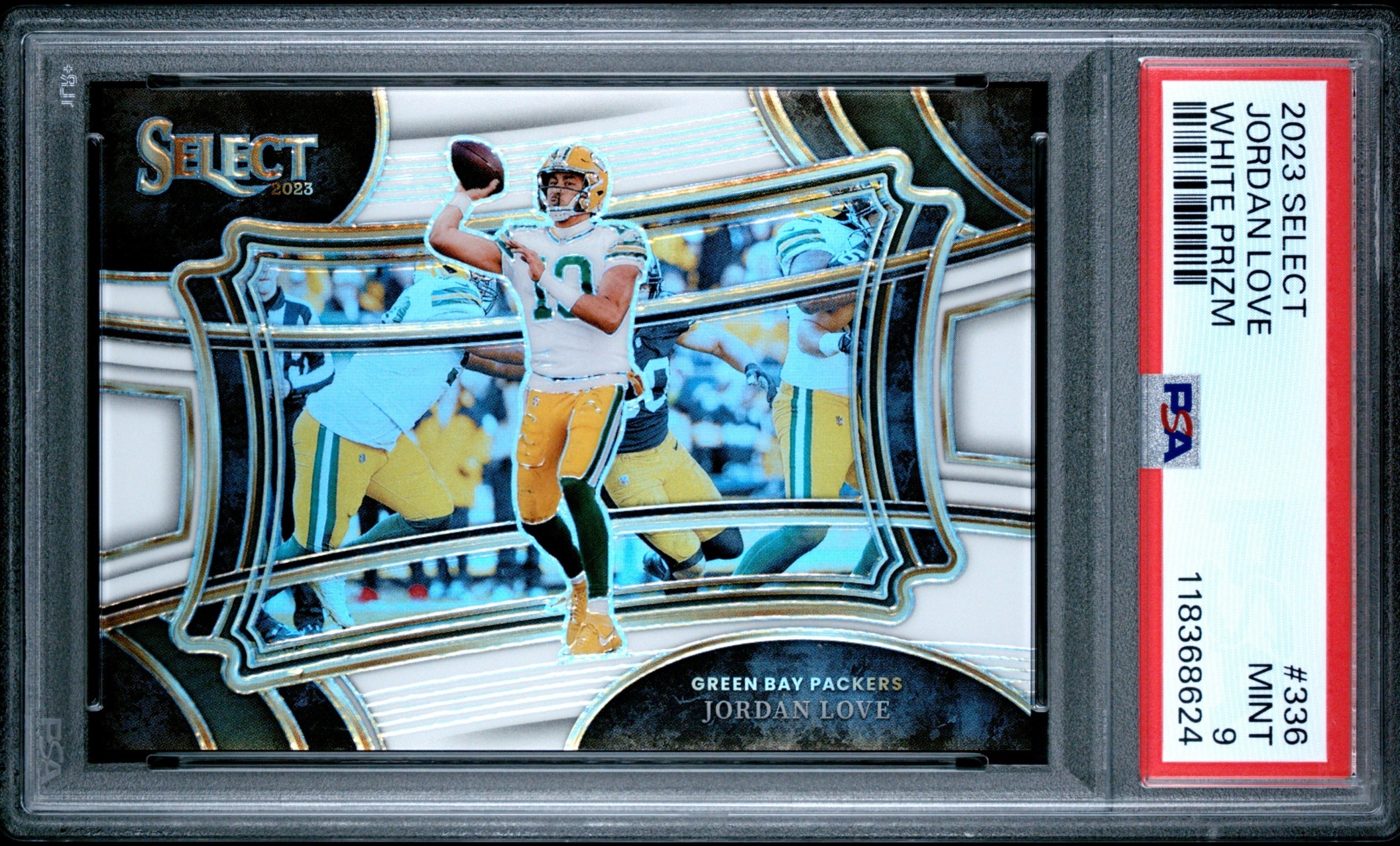 Card image for 2023 Panini Select Jordan Love White Prizms /35 #336 Field Level Packers