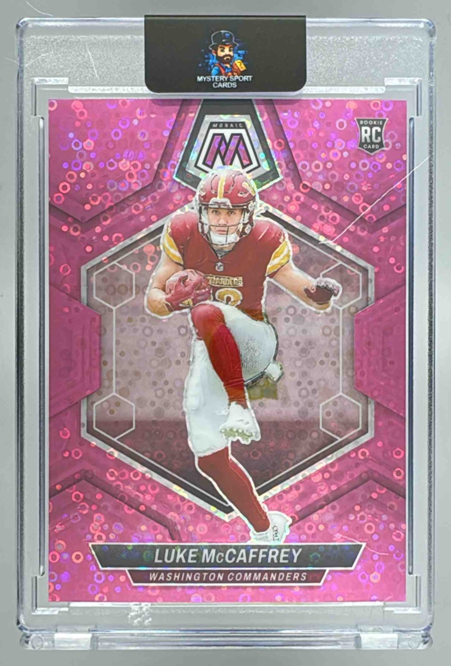 Card image for 2024 Panini Mosaic Luke McCaffrey No Huddle Pink Prizm /20 #376 RC Commanders