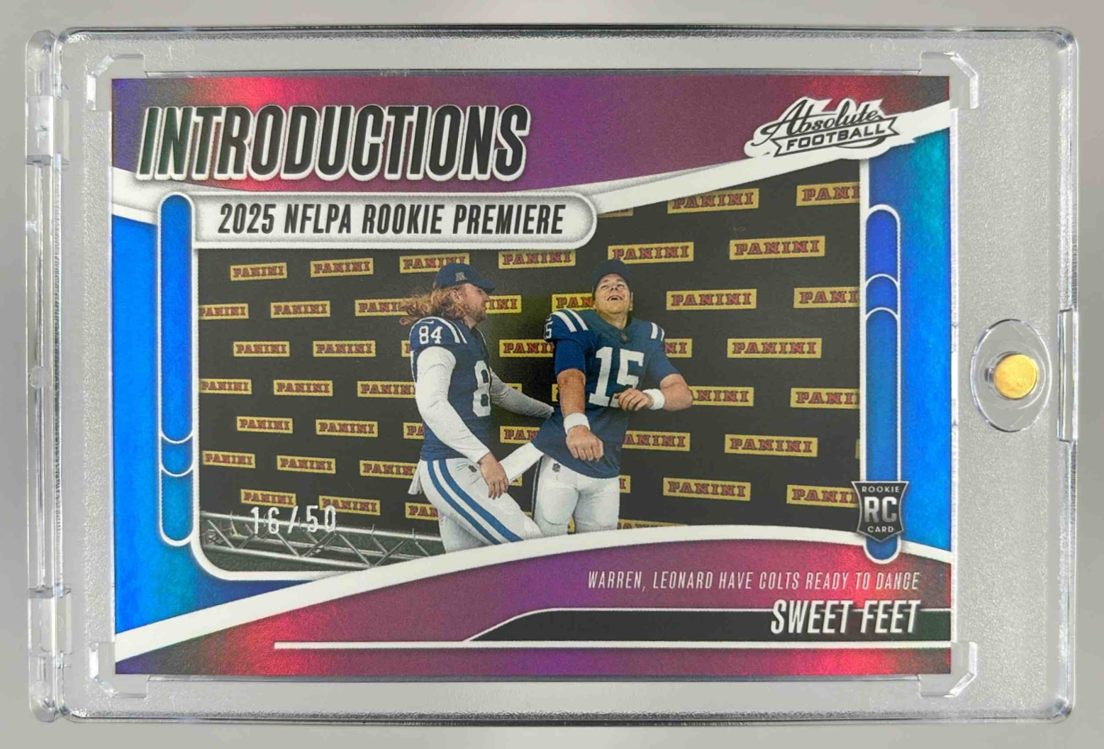 Card image for 2025 Panini Absolute Sweet Feet Introductions Spectrum Blue /50 #I-TWN Colts