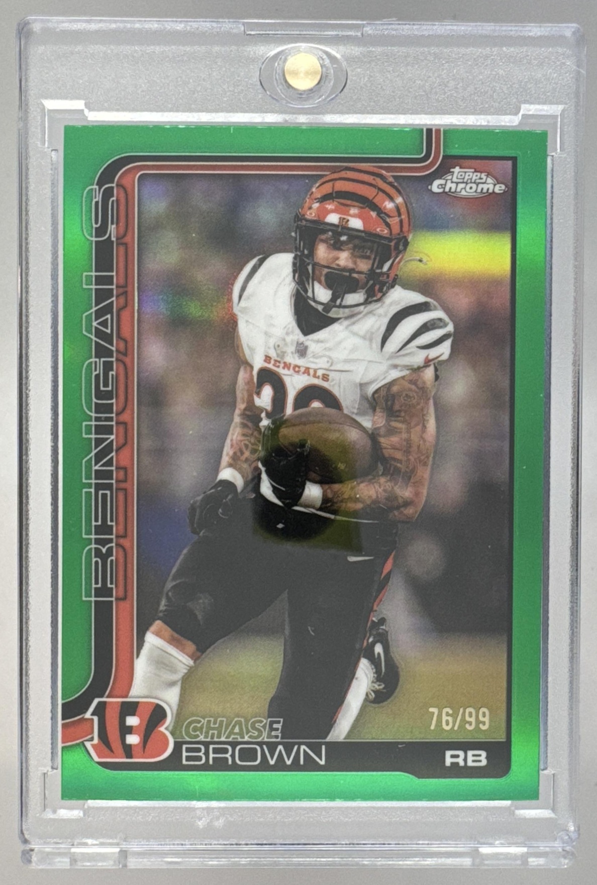 Card image for 2025 Topps Chrome Chase Brown Football Leather Green Refractor /99 #62 Bengals