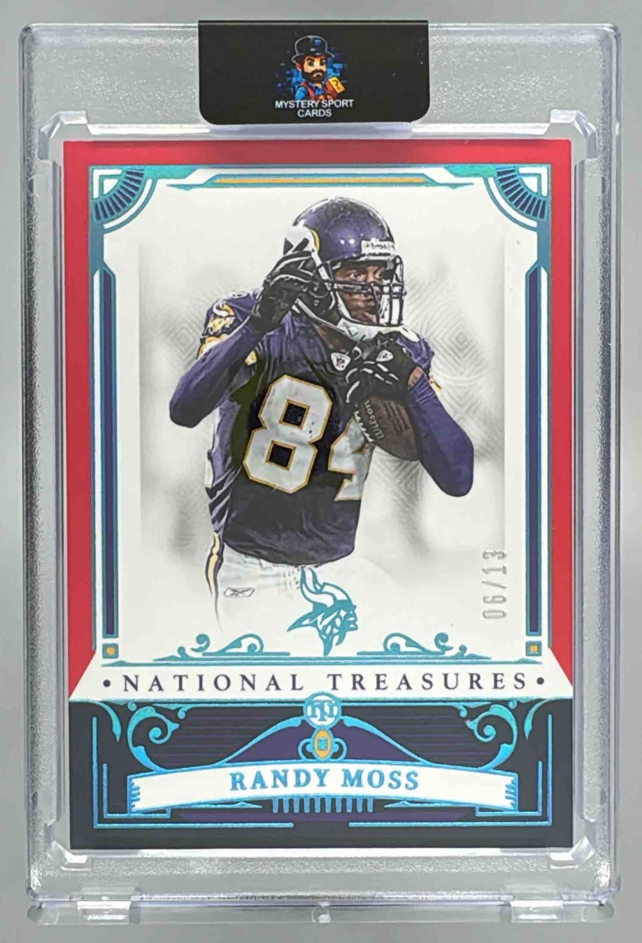 Card image for 2025 Panini National Treasures Randy Moss Stars & Stripes /13 #67 Vikings