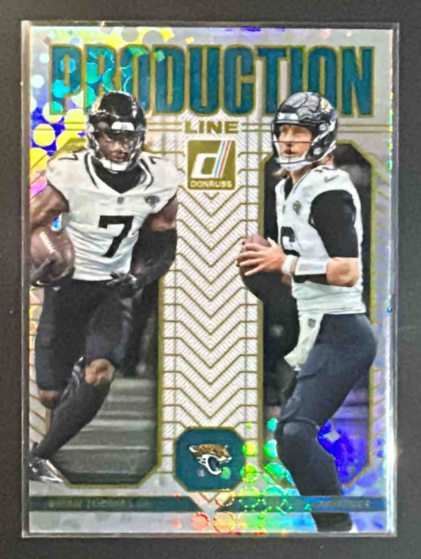 Card image for 2025 Panini Donruss Brian Thomas Jr. Trevor Lawrence #5 Production Line Jaguars