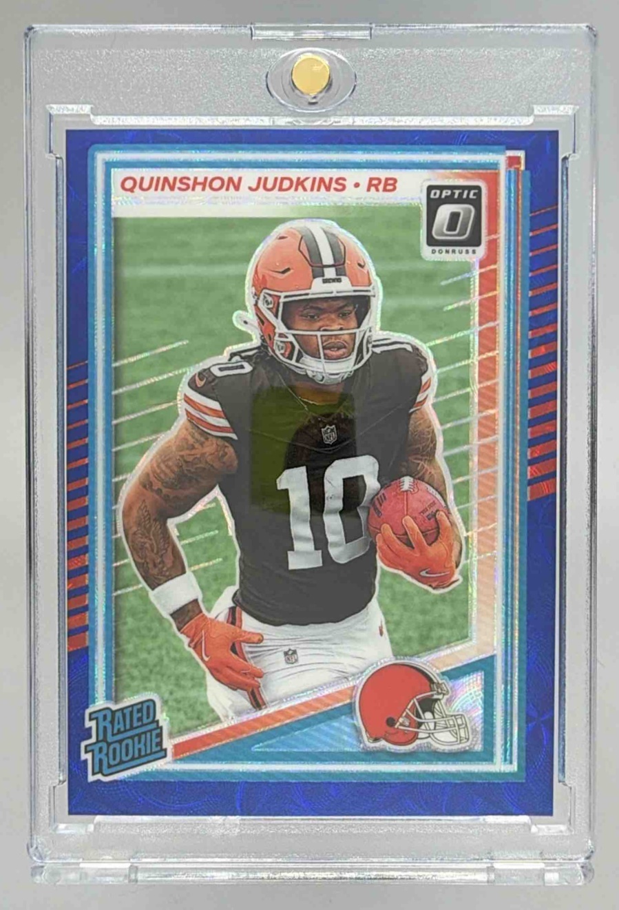 Card image for 2025 Panini Donruss Optic Quinshon Judkins Rated Rookie Purple Shock Prizm #252 Browns