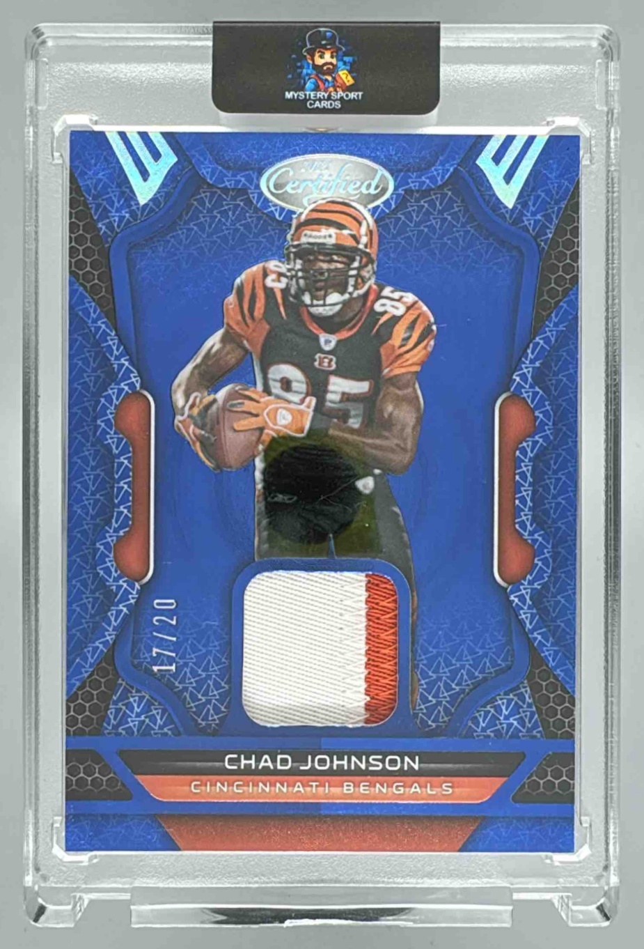 Card image for 2022 Panini Certified Chad Johnson Materials Mirror Blue Etch /20 #MM-CJ MEM Bengals