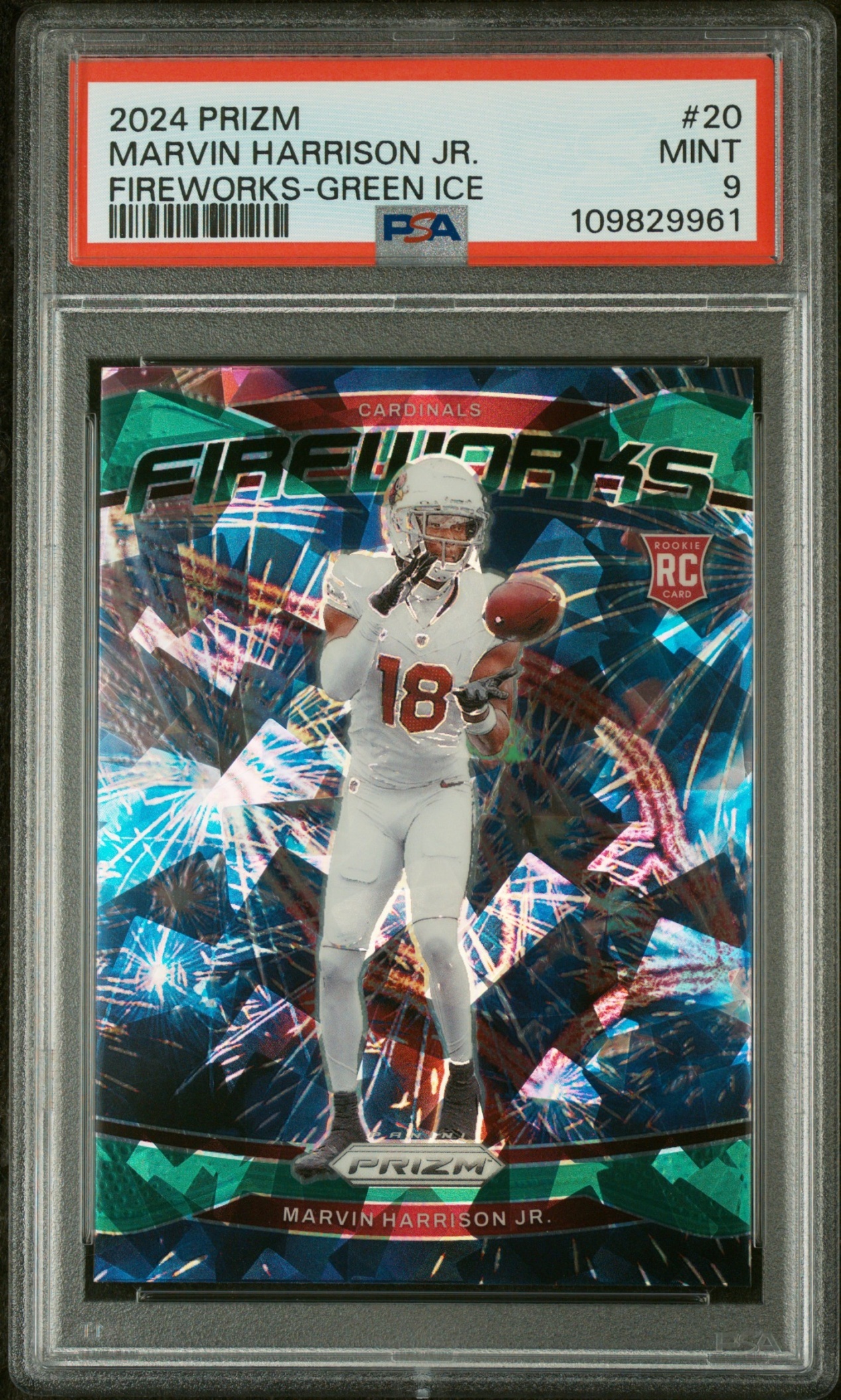 Card image for 2024 Panini Prizm Marvin Harrison Jr. Fireworks Green Ice #20 RC Cardinals