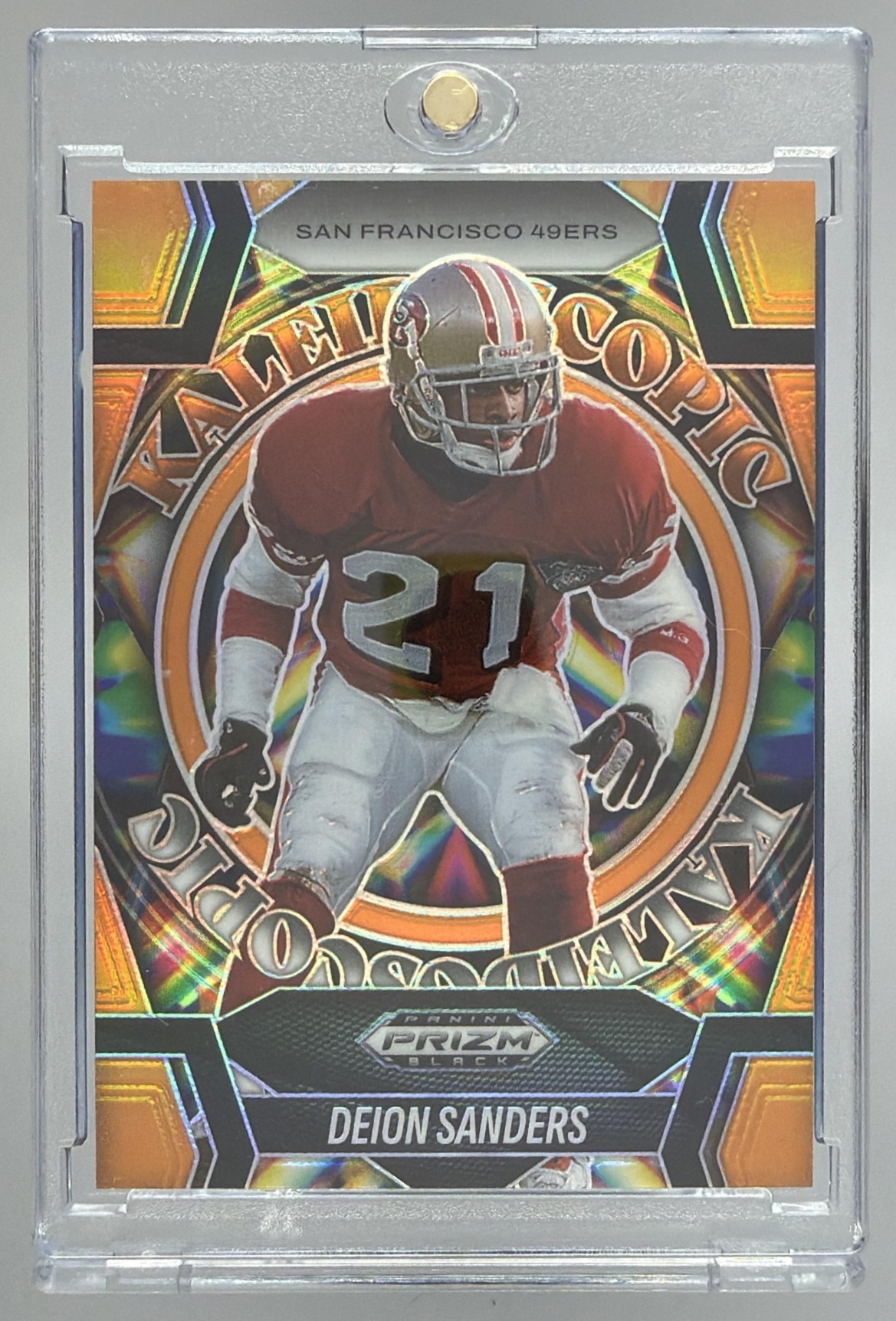 Card image for 2025 Panini Prizm Black Deion Sanders Kaleidoscopic Orange /49 #2 49ers