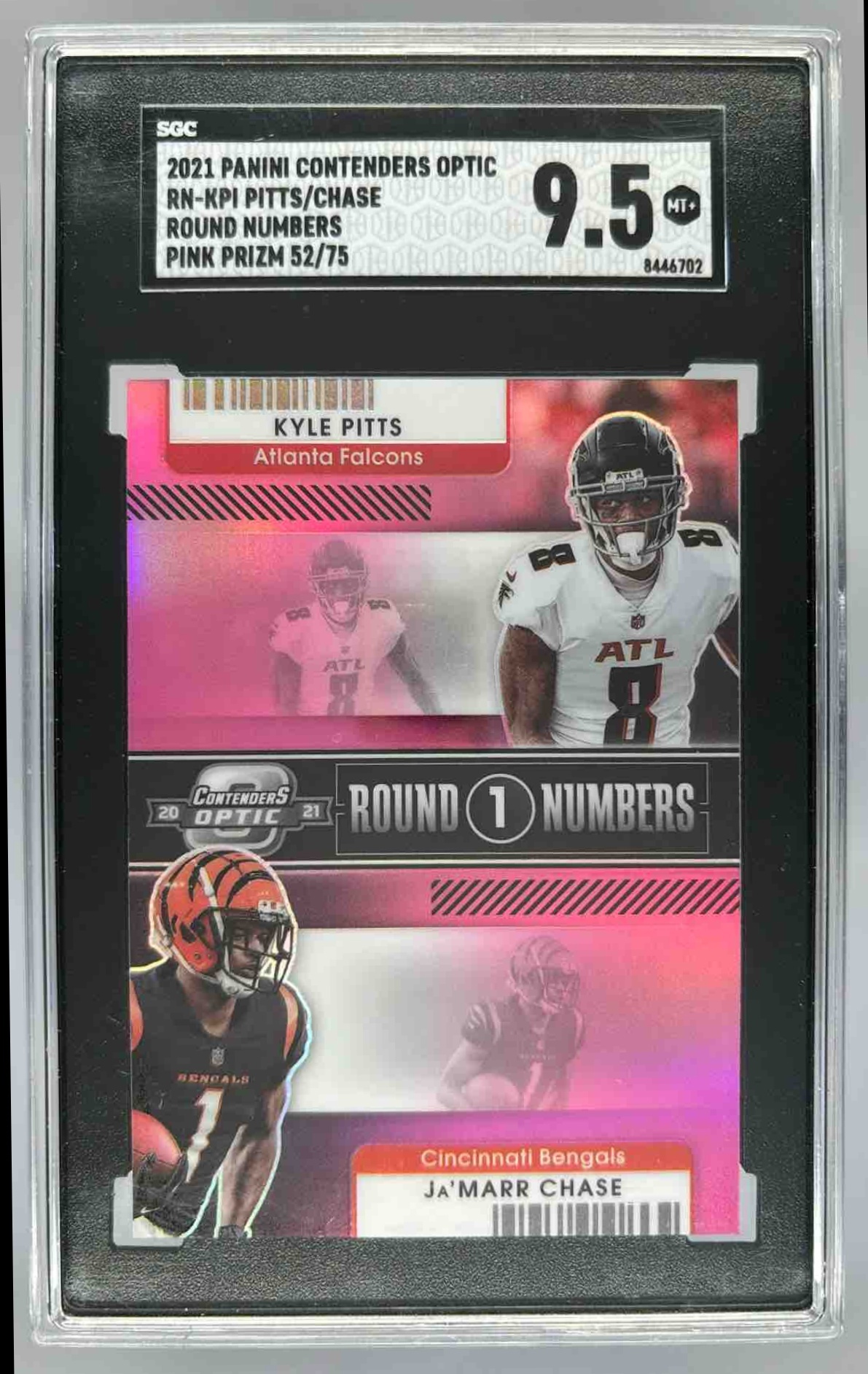 Card image for 2021 Panini Contenders Optic Ja'Marr Chase Kyle Pitts Round Numbers Pink /75 #RN-KPI RC