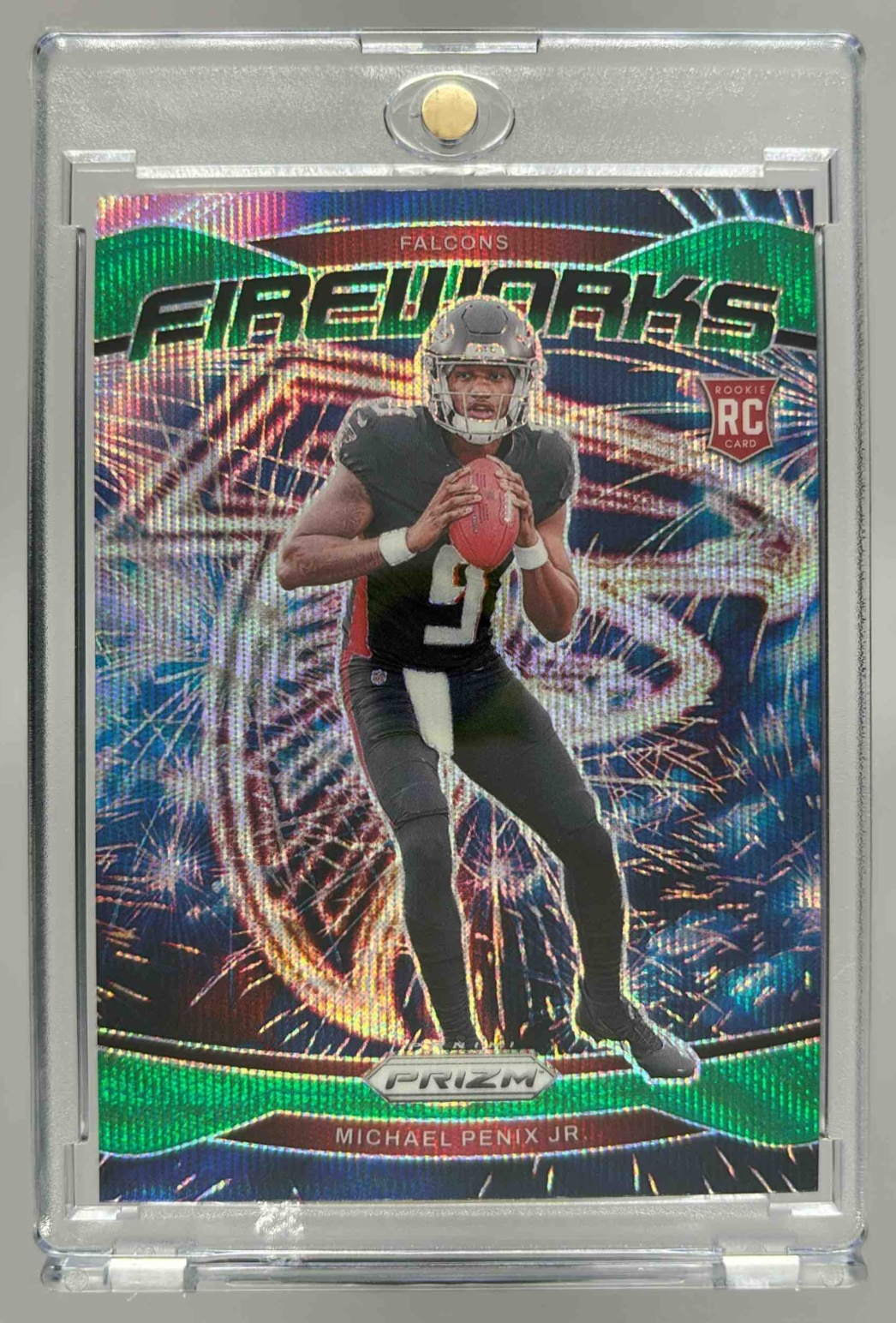 Card image for 2024 Panini Prizm Michael Penix Jr. Fireworks Green Wave #16 RC Falcons
