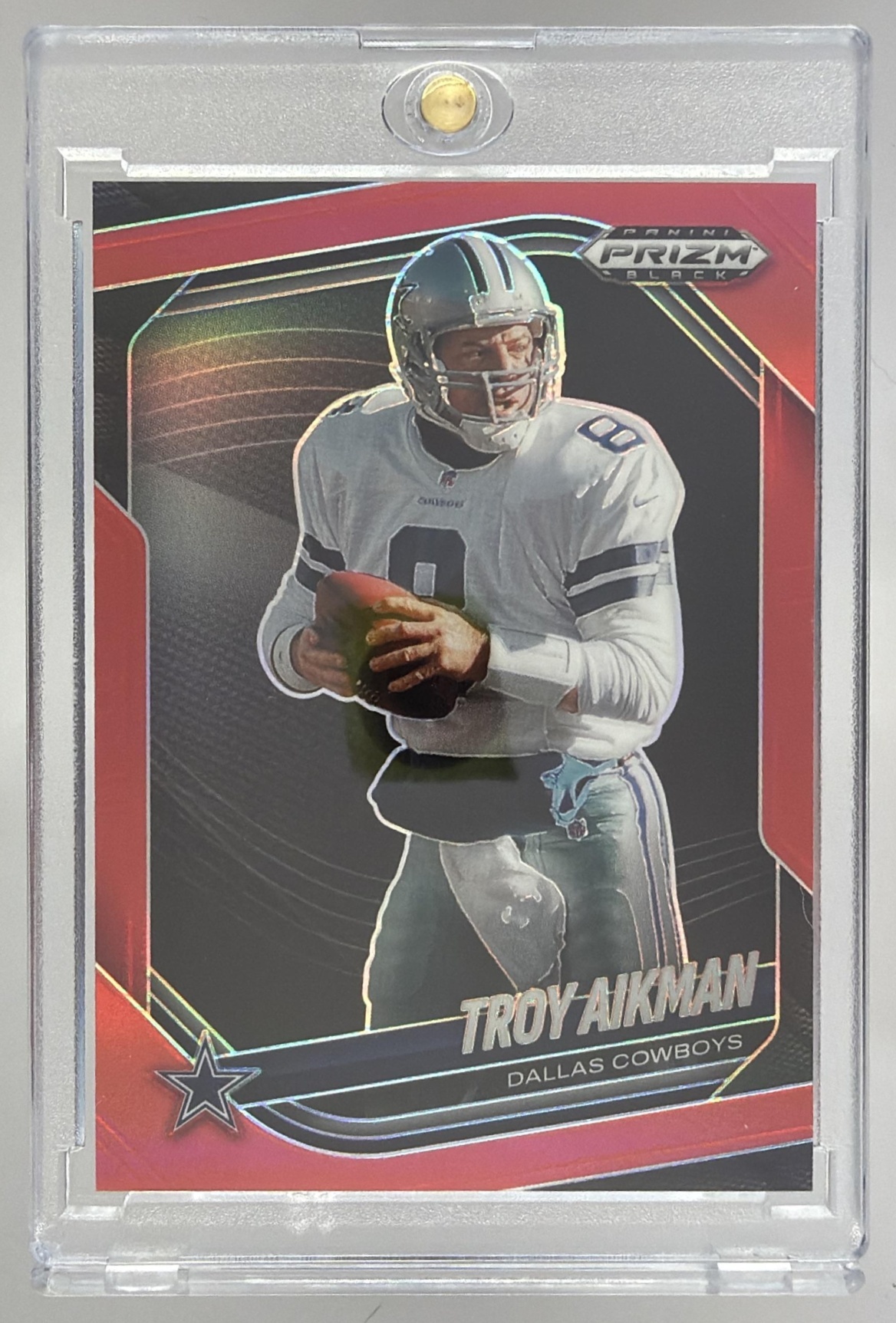 Card image for 2025 Panini Football Prizm Black Troy Aikman Red /299 #45 Dallas Cowboys