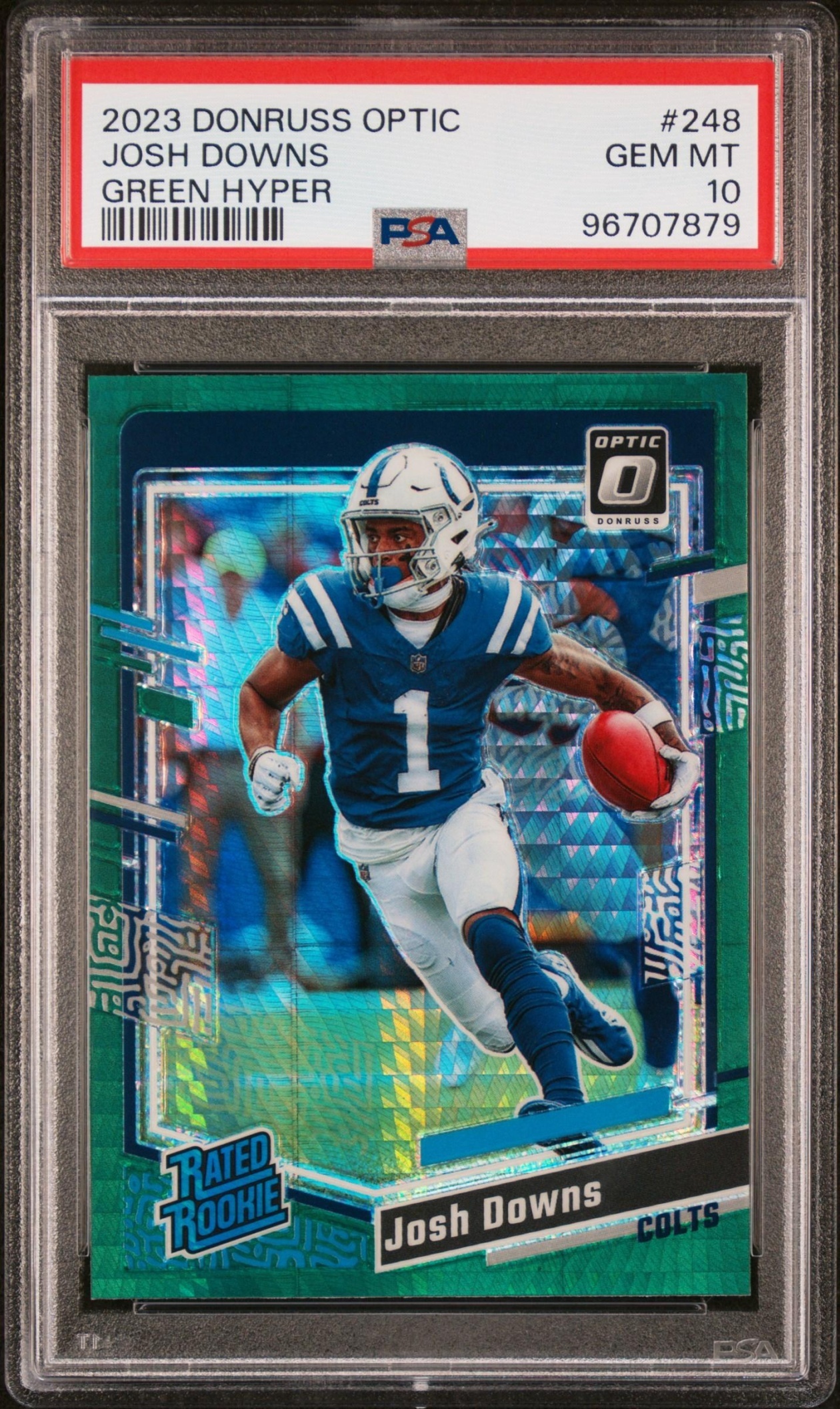Card image for 2023 Panini Donruss Optic Josh Downs Green Hyper Prizm #248 RC Rated Rookie Colts