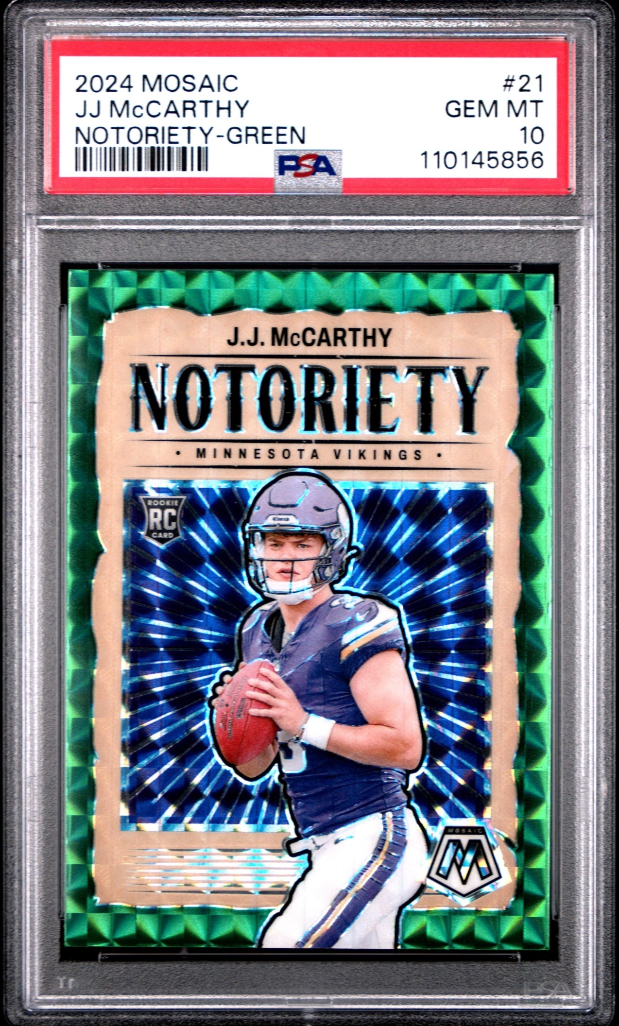 Card image for 2024 Panini Mosaic J.J. McCarthy Notoriety Green #21 RC Vikings