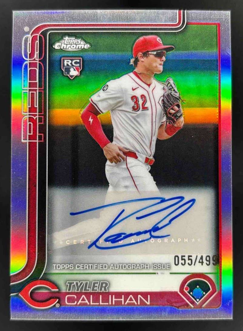Card image for 2025 Topps Chrome Update Tyler Callihan Auto Refractor /499 #AC-TC RC Reds