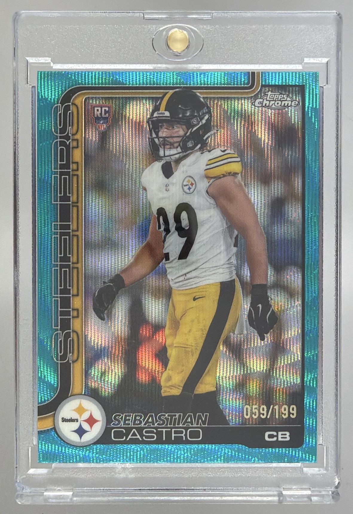 Card image for 2025 Topps Chrome Sebastian Castro Rookie Aqua Refractor /199 #370 RC Steelers