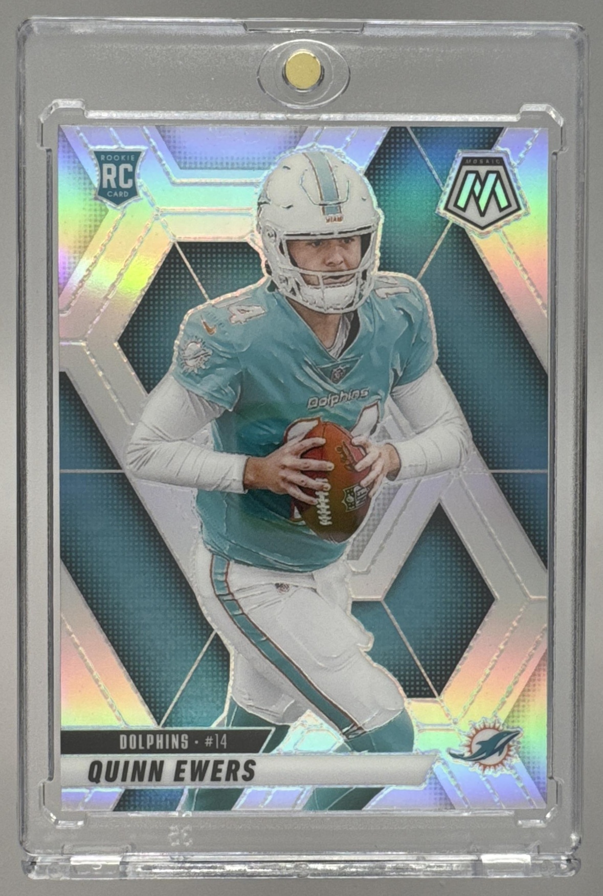 Card image for 2025 Panini Mosaic Quinn Ewers Rookies Silver Prizm #308 RC Dolphins